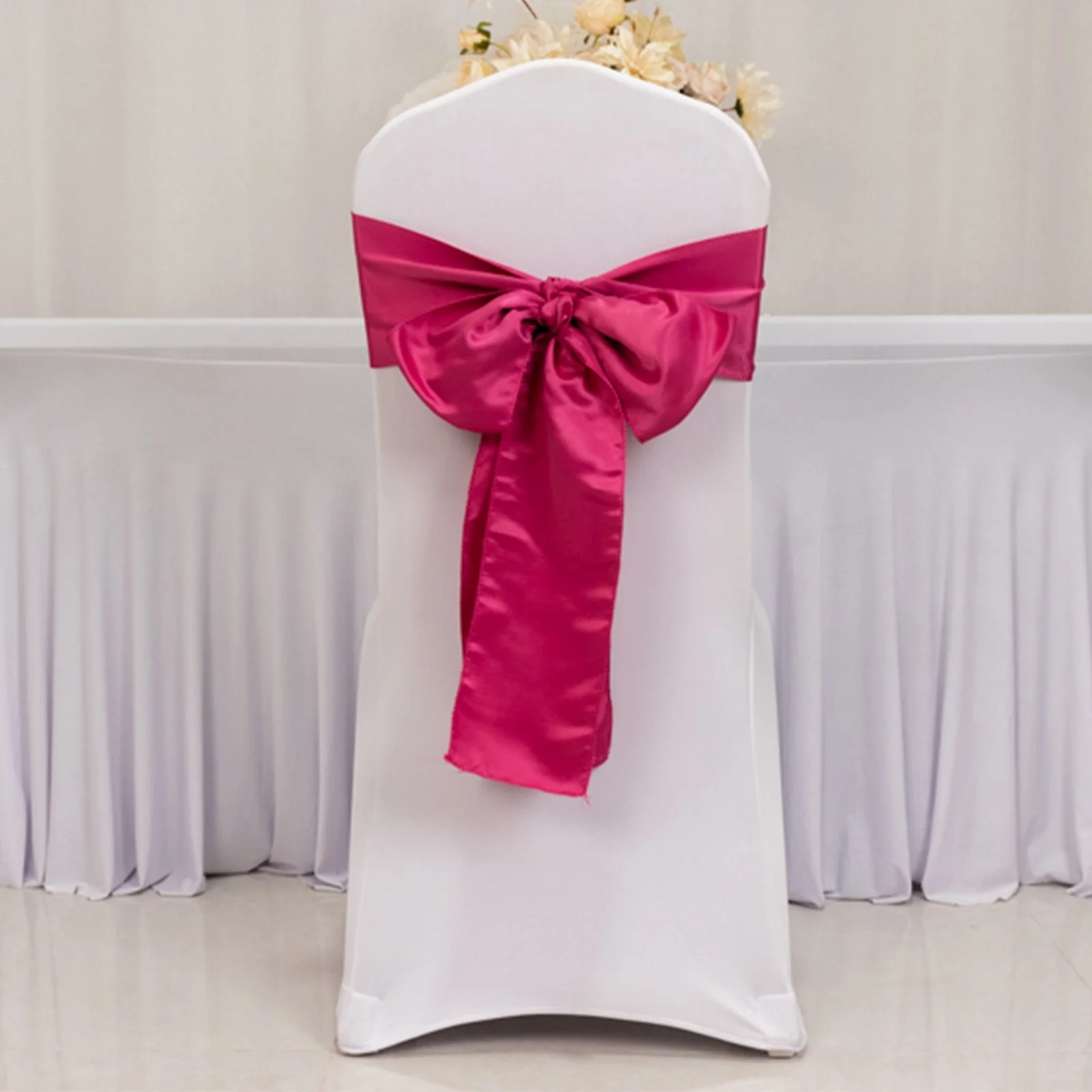 5 Pack Lamour Satin Chair Sashes 6"x106" Fuchsia - Reusable Decorative Bows - Image 2