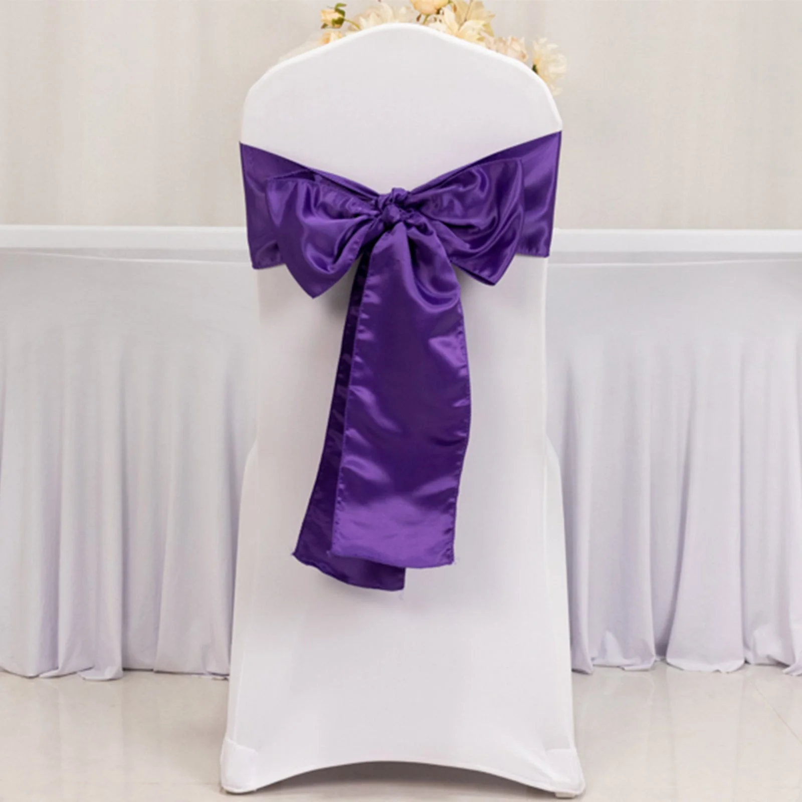 5 Pack Lamour Satin Chair Sashes 6"x106" Purple - Reusable Decorative Bows - Image 2