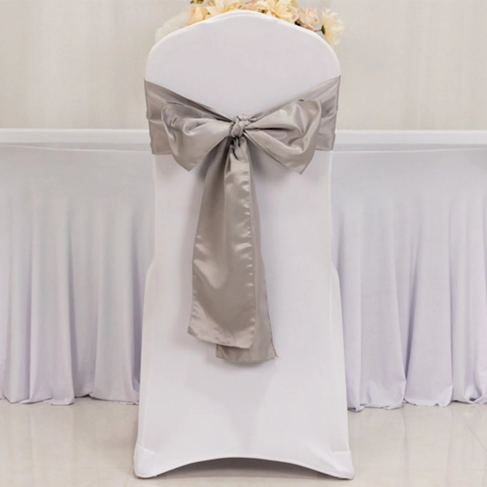 5 Pack Lamour Satin Chair Sashes 6"x106" Silver - Reusable Decorative Bows - Image 2