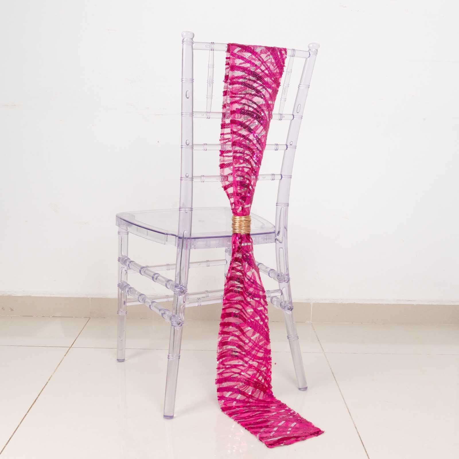 5 Pack Mesh Chair Sashes Fuchsia/Silver Wave 6"x88" with Embroidered Sequins - Refined Decorative Design - Image 10