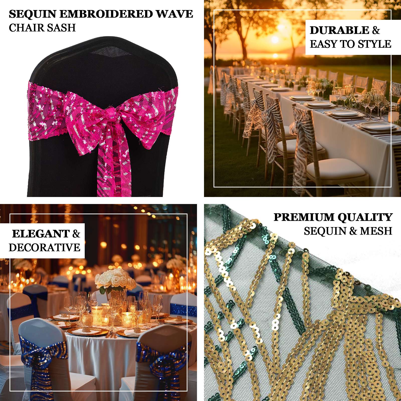 5 Pack Mesh Chair Sashes Fuchsia/Silver Wave 6"x88" with Embroidered Sequins - Refined Decorative Design - Image 4