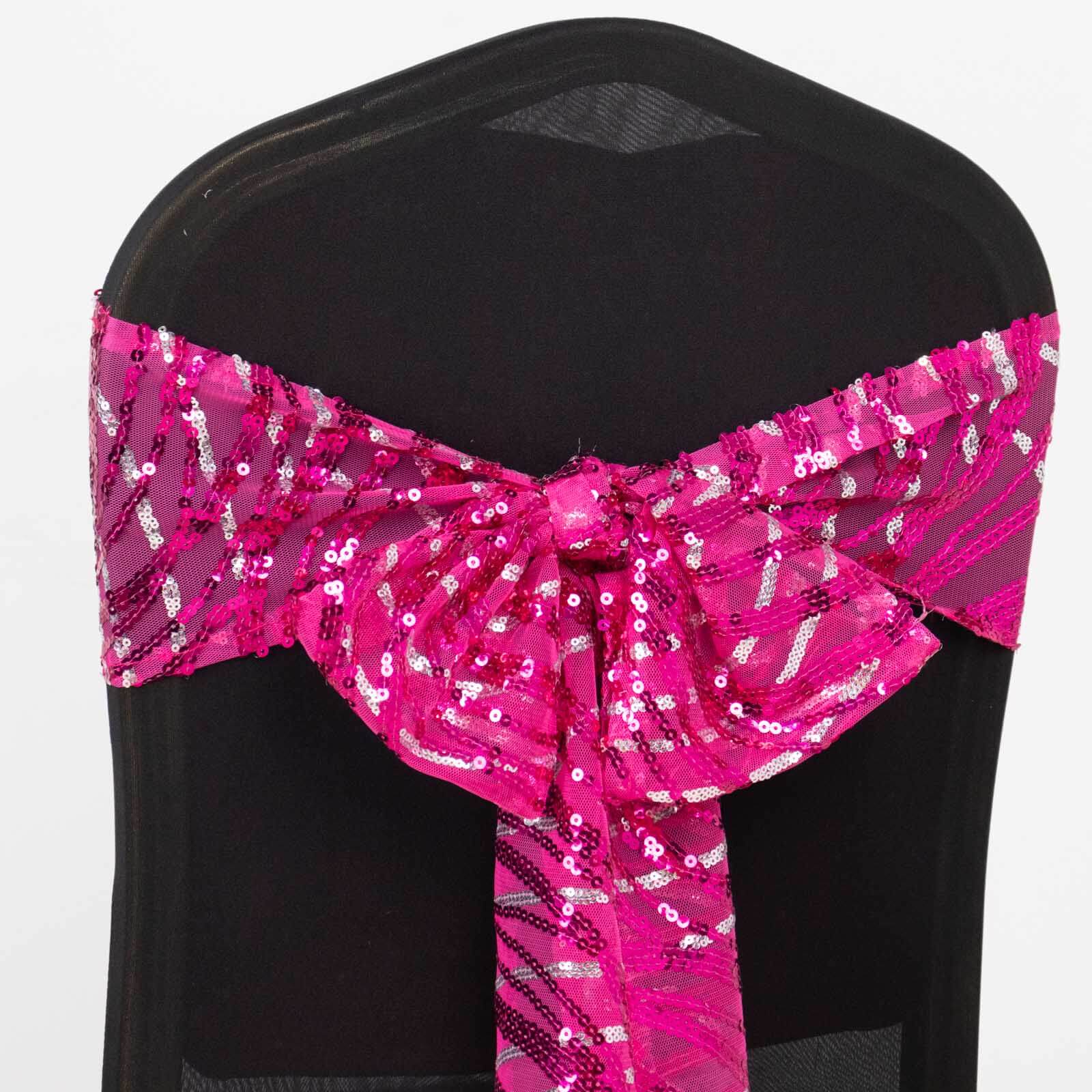 5 Pack Mesh Chair Sashes Fuchsia/Silver Wave 6"x88" with Embroidered Sequins - Refined Decorative Design - Image 7