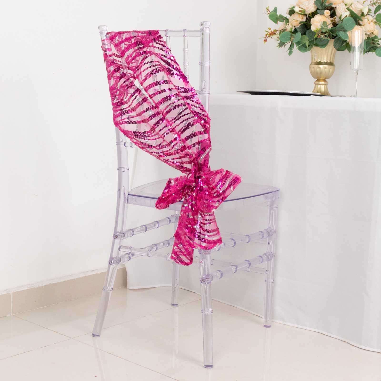 5 Pack Mesh Chair Sashes Fuchsia/Silver Wave 6"x88" with Embroidered Sequins - Refined Decorative Design - Image 8