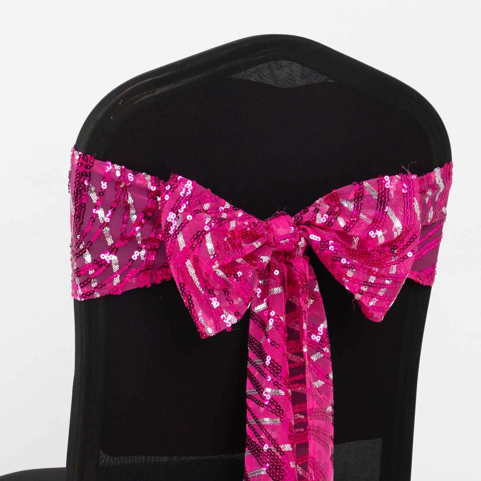 5 Pack Mesh Chair Sashes Fuchsia/Silver Wave 6"x88" with Embroidered Sequins - Refined Decorative Design - Image 9