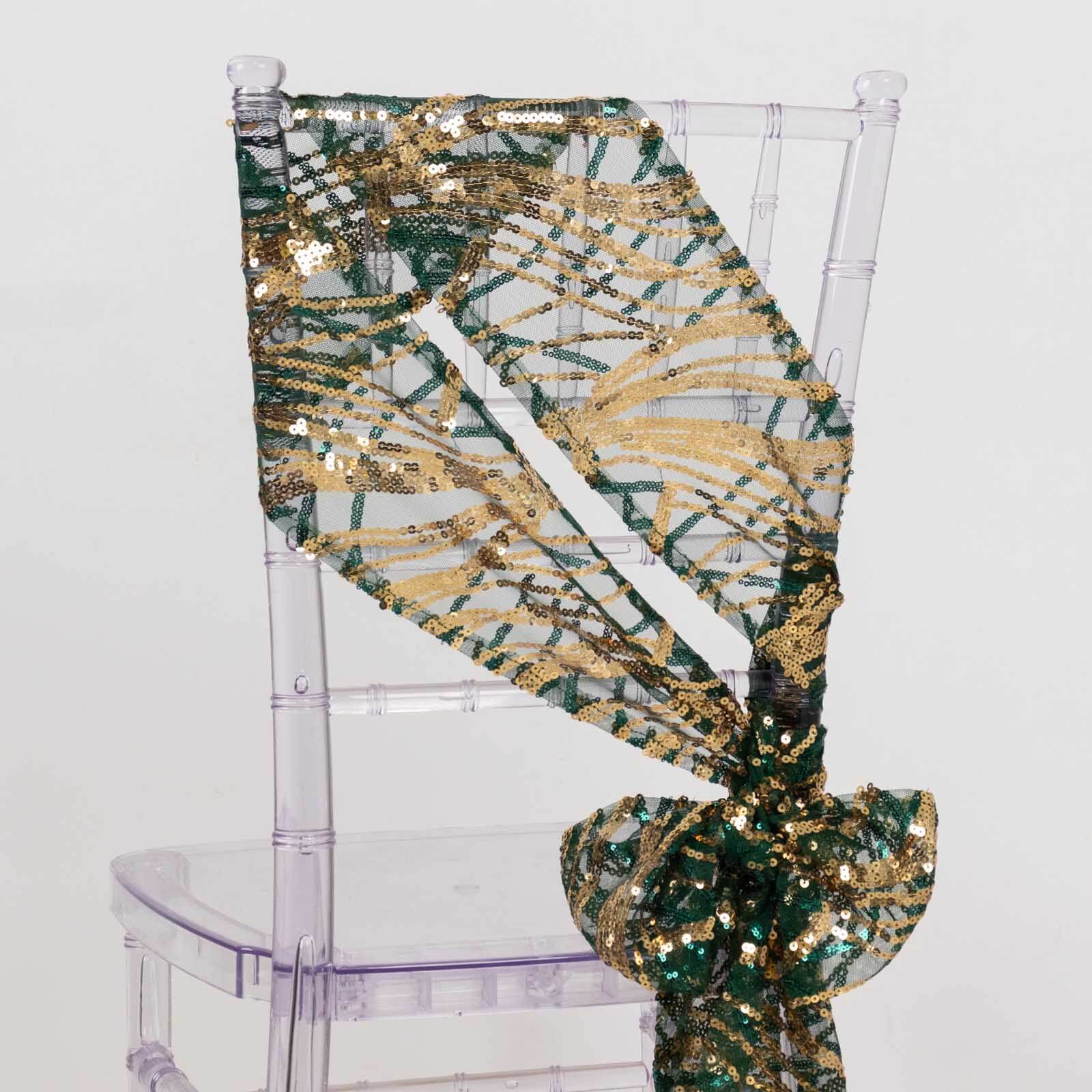 5 Pack Mesh Chair Sashes Hunter Emerald Green/Gold Wave 6"x88" with Embroidered Sequins - Refined Decorative Design - Image 2