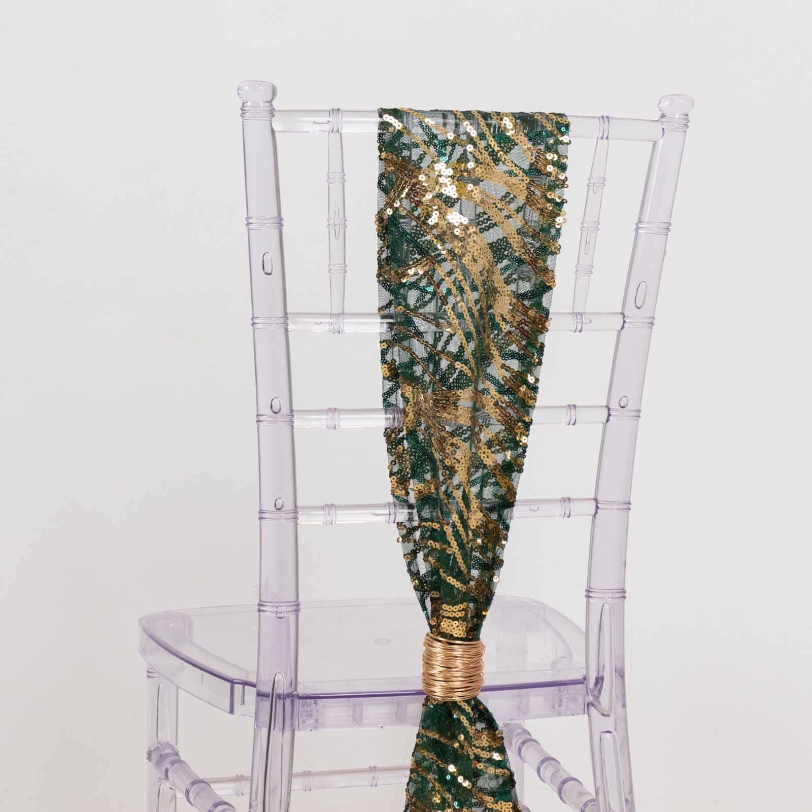 5 Pack Mesh Chair Sashes Hunter Emerald Green/Gold Wave 6"x88" with Embroidered Sequins - Refined Decorative Design - Image 3