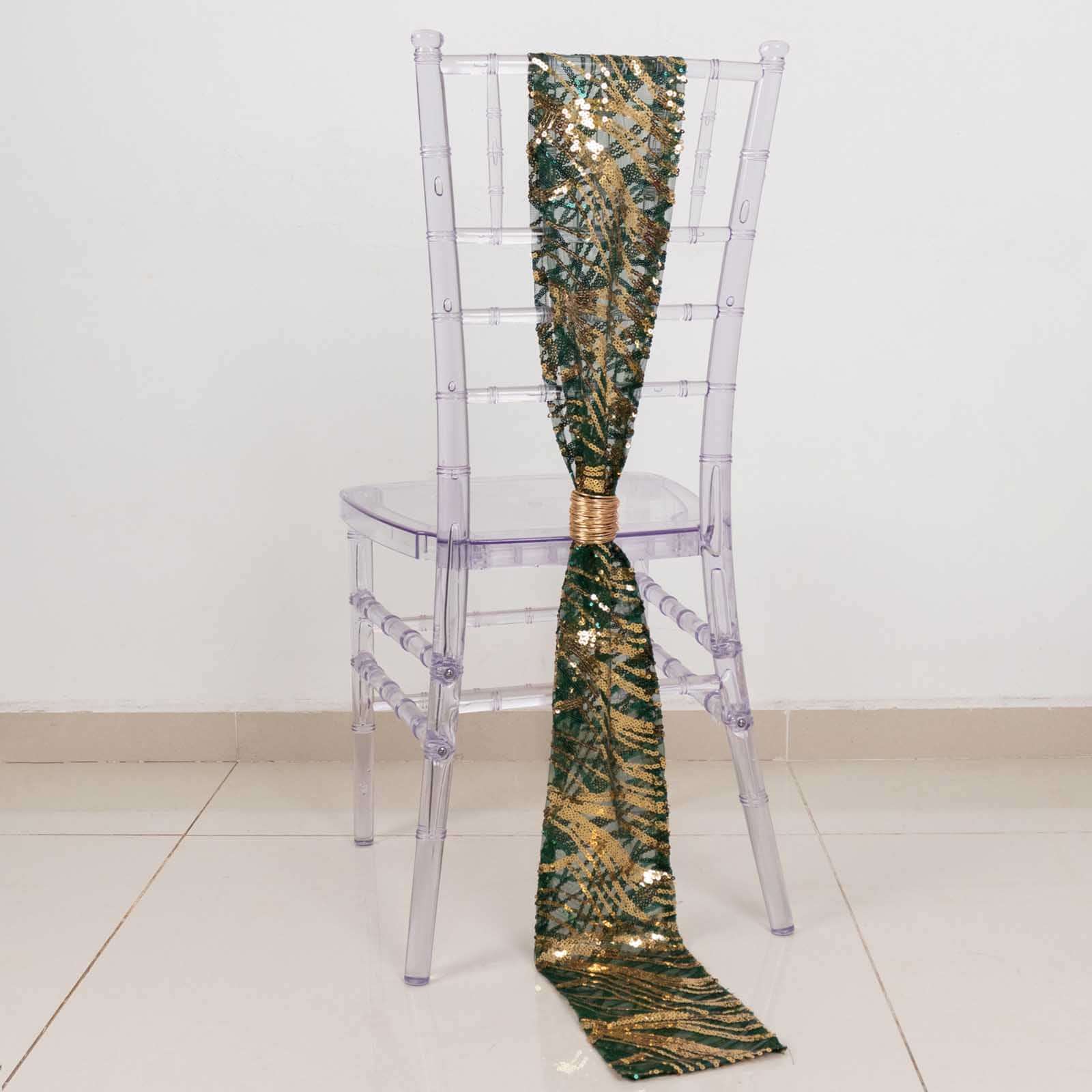 5 Pack Mesh Chair Sashes Hunter Emerald Green/Gold Wave 6"x88" with Embroidered Sequins - Refined Decorative Design - Image 7