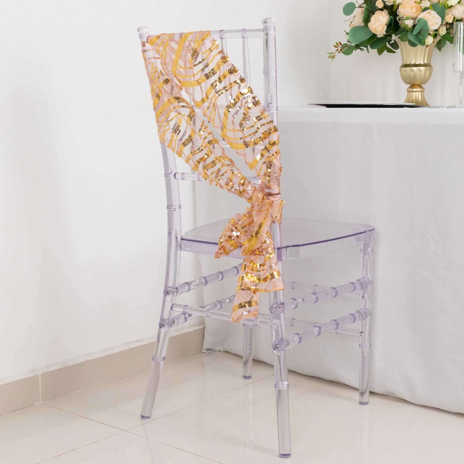 5 Pack Mesh Chair Sashes Rose Gold/Gold Wave 6"x88" with Embroidered Sequins - Refined Decorative Design - Image 11