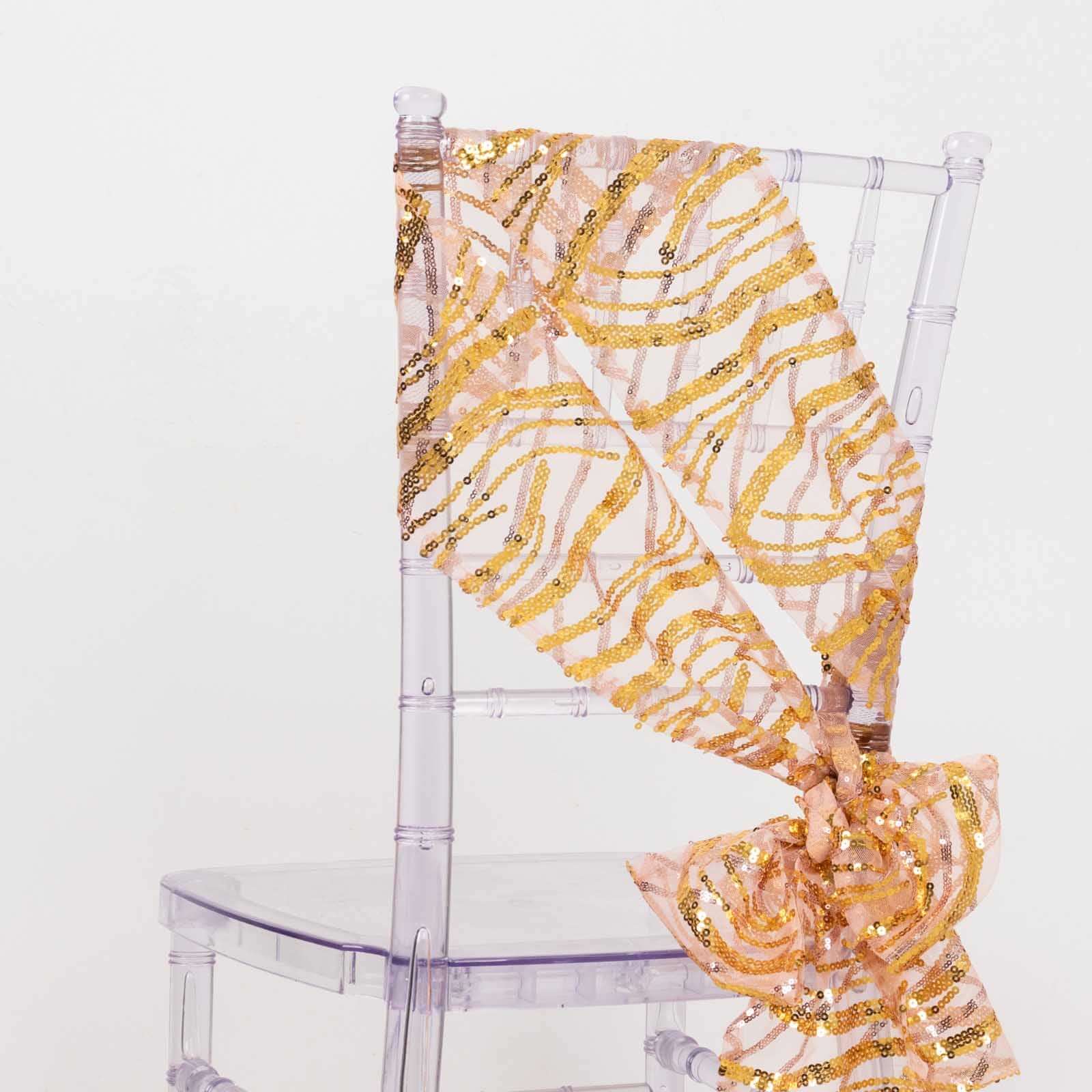 5 Pack Mesh Chair Sashes Rose Gold/Gold Wave 6"x88" with Embroidered Sequins - Refined Decorative Design - Image 2