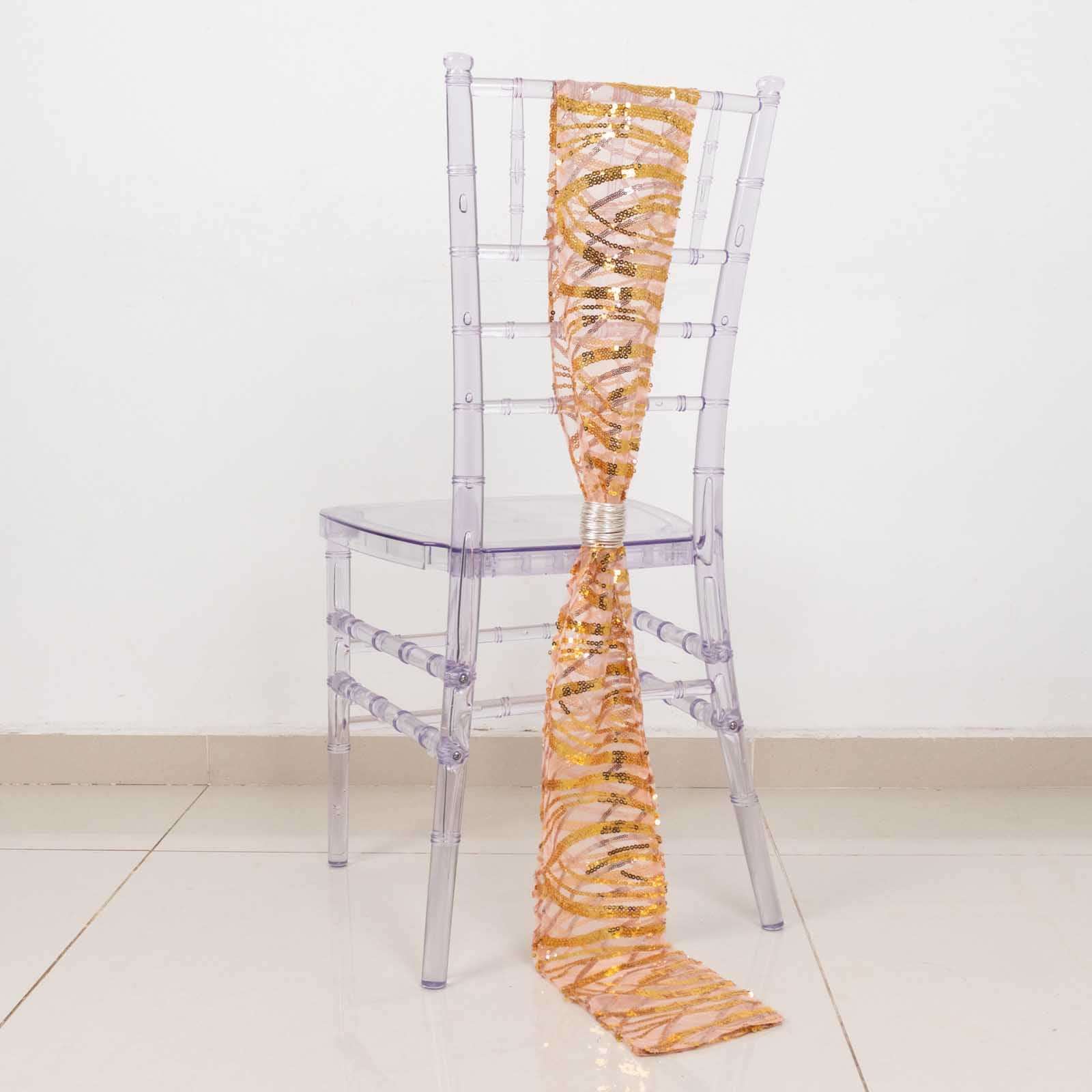 5 Pack Mesh Chair Sashes Rose Gold/Gold Wave 6"x88" with Embroidered Sequins - Refined Decorative Design - Image 7