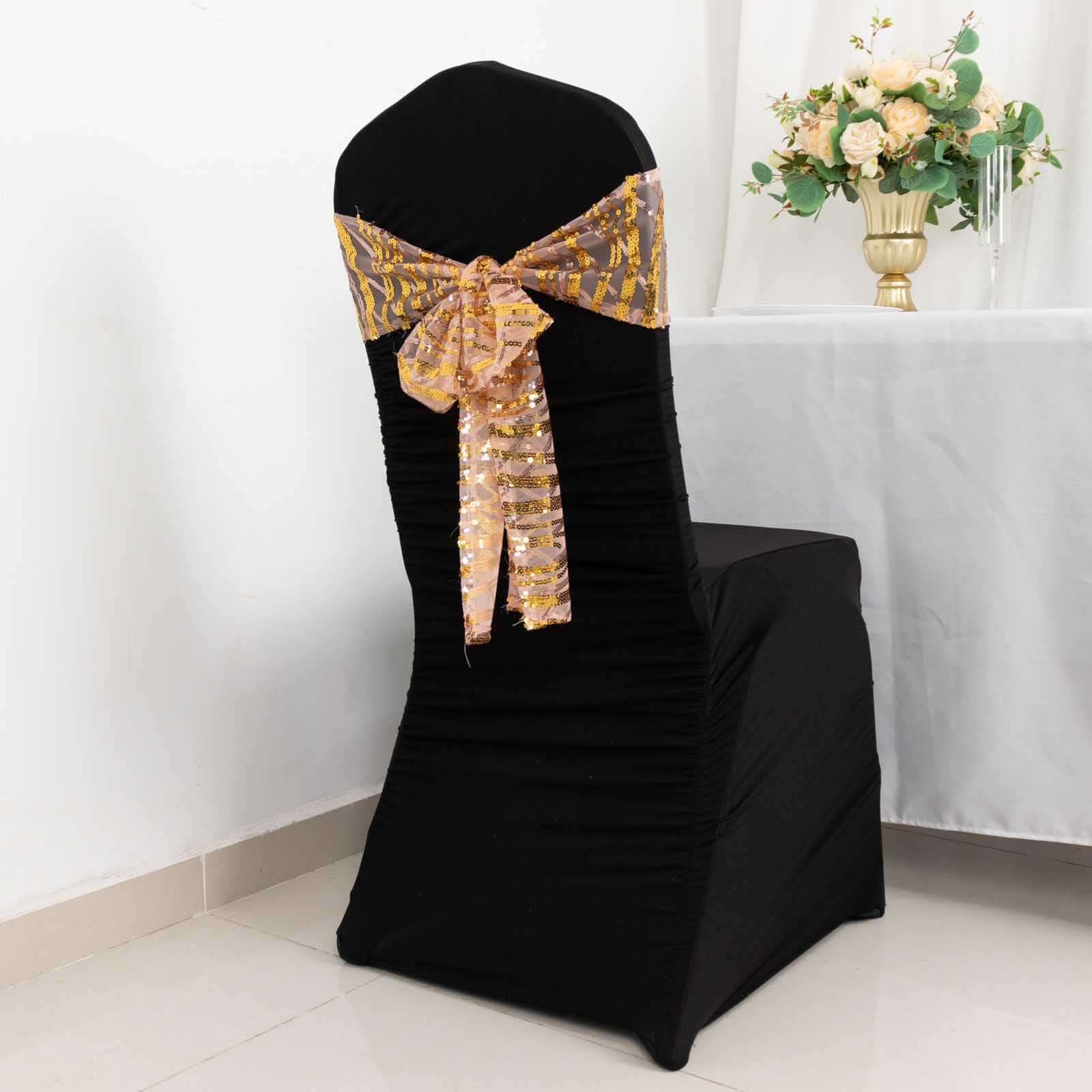 5 Pack Mesh Chair Sashes Rose Gold/Gold Wave 6"x88" with Embroidered Sequins - Refined Decorative Design - Image 8