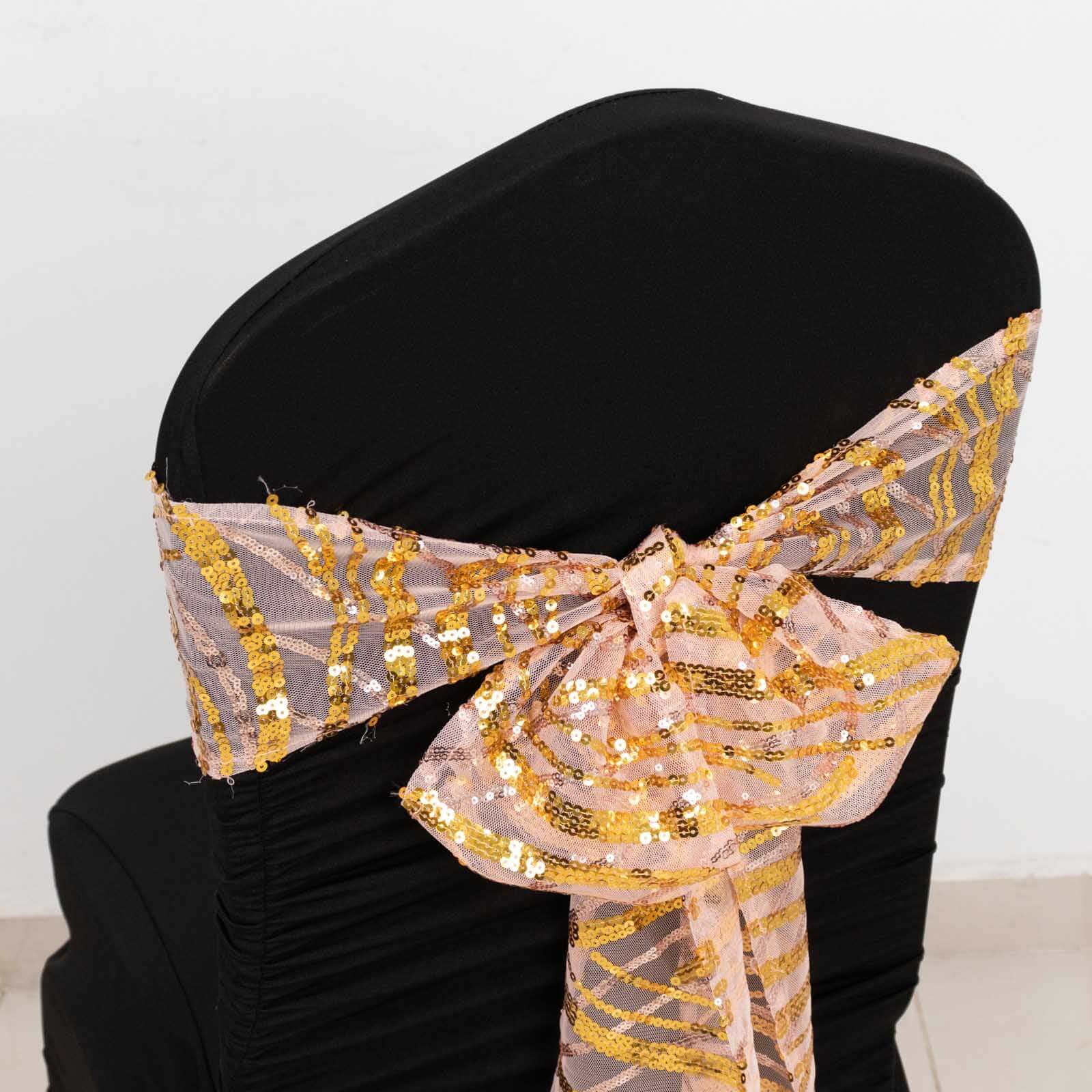 5 Pack Mesh Chair Sashes Rose Gold/Gold Wave 6"x88" with Embroidered Sequins - Refined Decorative Design - Image 9