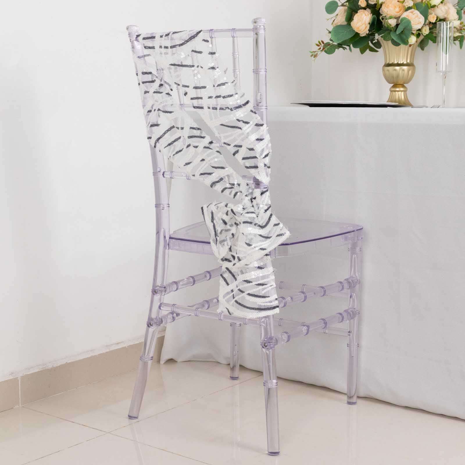 5 Pack Mesh Chair Sashes White/Black Wave 6"x88" with Embroidered Sequins - Refined Decorative Design - Image 2
