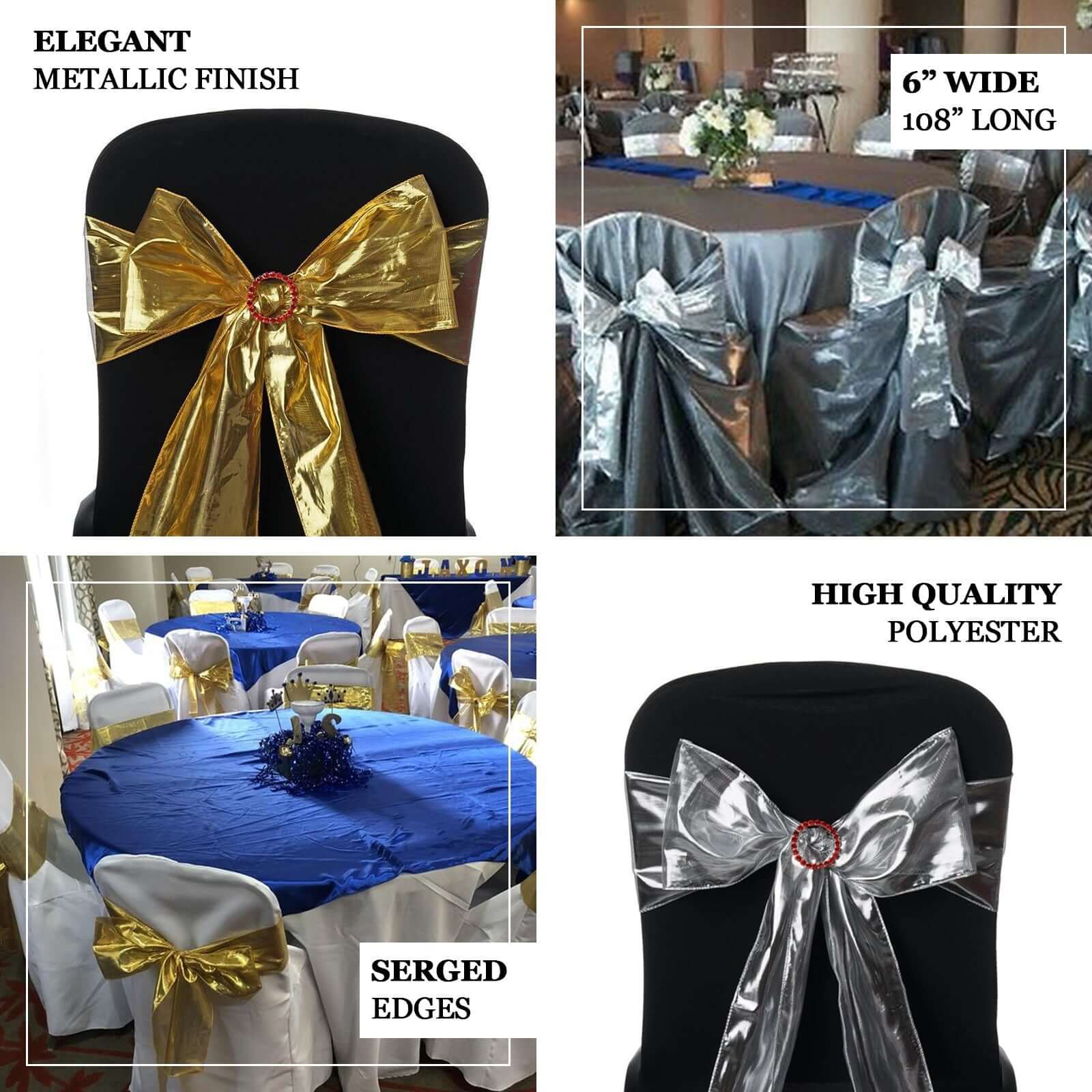 5 Pack Metallic Polyester Lame Chair Sashes 6"x108" Shiny Gold Foil Finish - Reflective Elegance for Modern Event Themes - Image 3