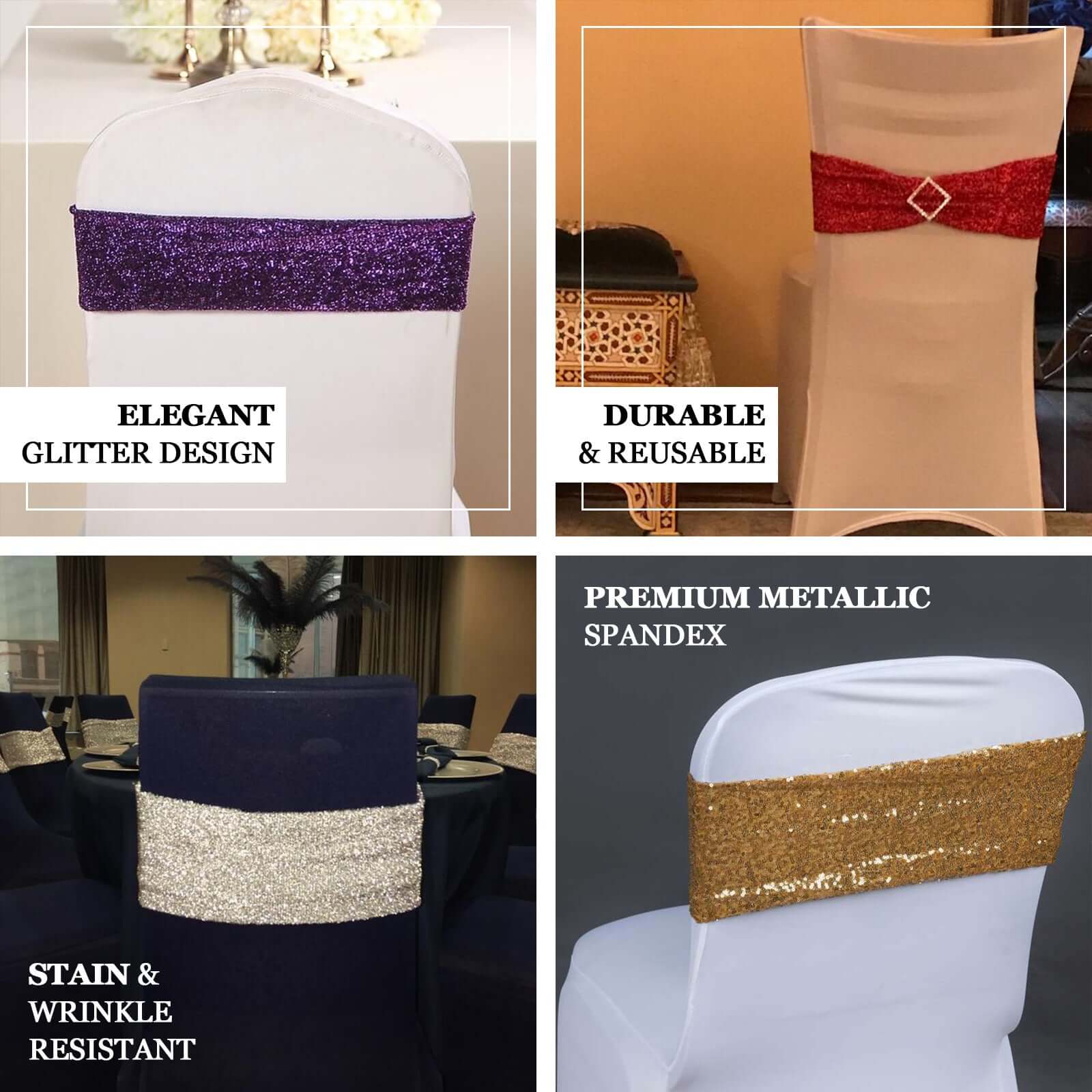 5 Pack Metallic Shimmer Tinsel Spandex Chair Sashes Champagne - Glittery Finish Stretch Chair Bands - Image 5