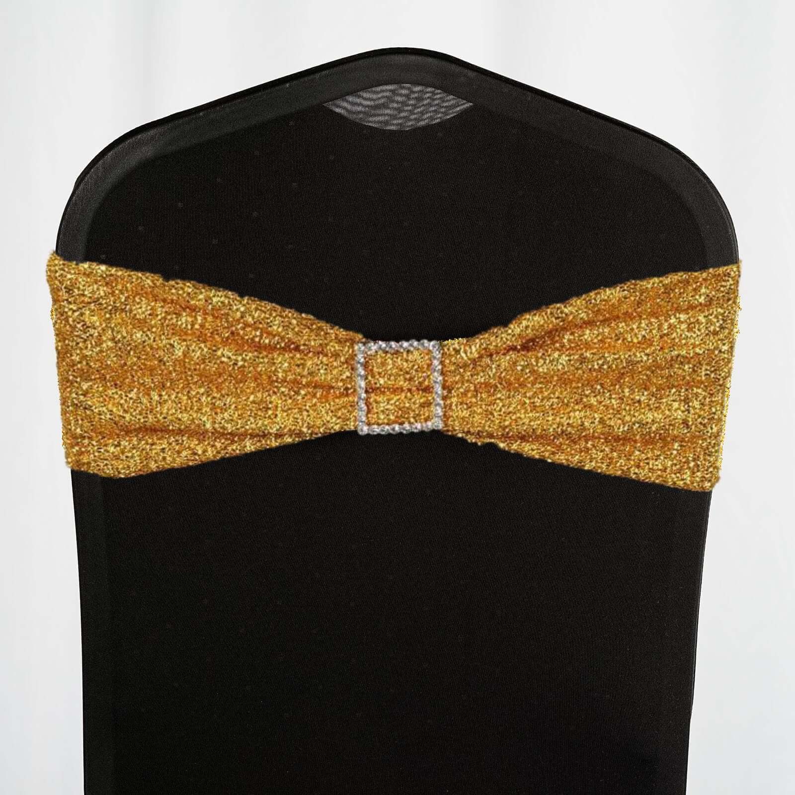 5 Pack Metallic Shimmer Tinsel Spandex Chair Sashes Gold - Glittery Finish Stretch Chair Bands for Parties & Weddings - Image 6