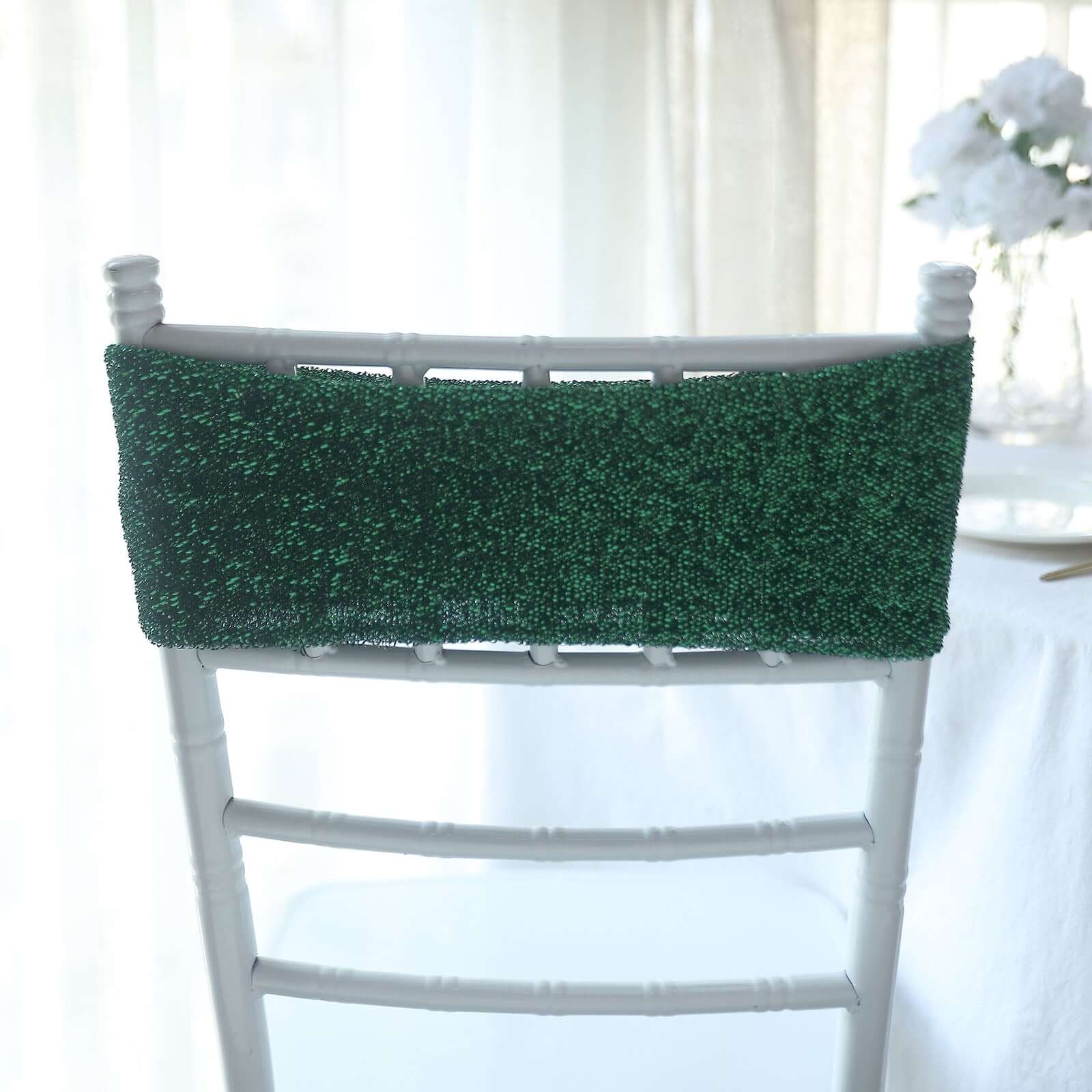 5 Pack Metallic Shimmer Tinsel Spandex Chair Sashes Hunter Emerald Green - Glittery Finish Stretch Chair Bands - Image 10