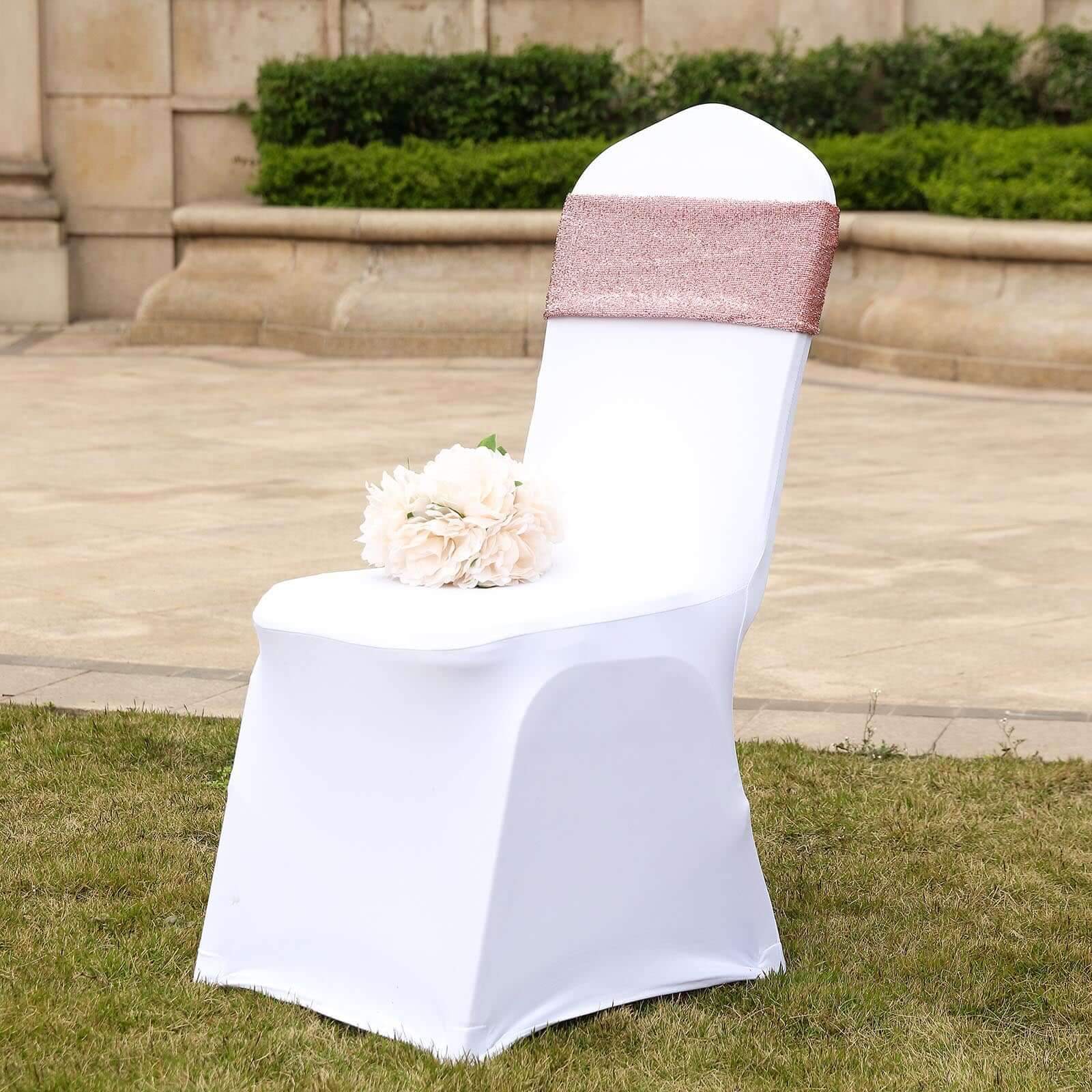 5 Pack Metallic Shimmer Tinsel Spandex Chair Sashes Rose Gold - Glittery Finish Stretch Chair Bands - Image 2