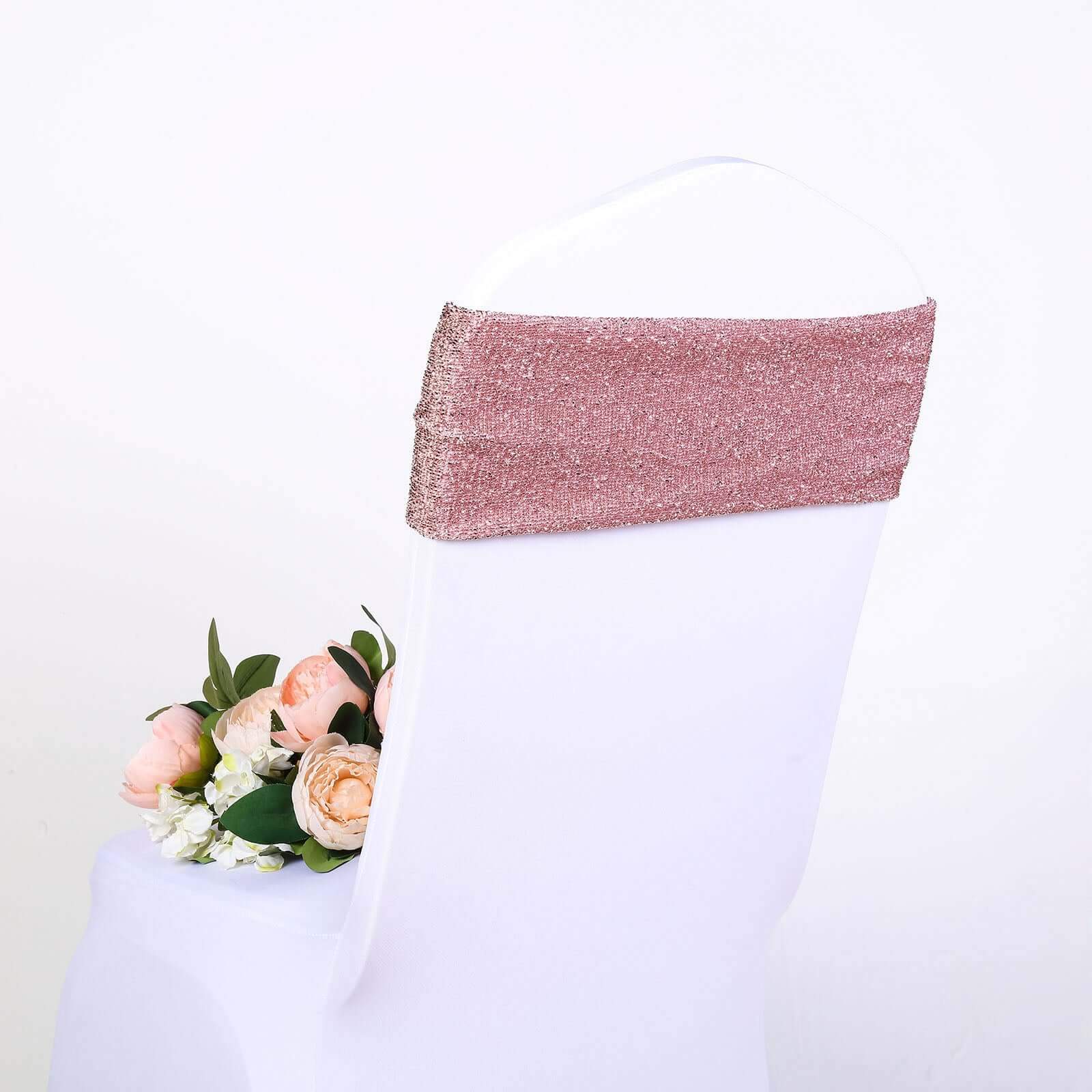 5 Pack Metallic Shimmer Tinsel Spandex Chair Sashes Rose Gold - Glittery Finish Stretch Chair Bands - Image 6