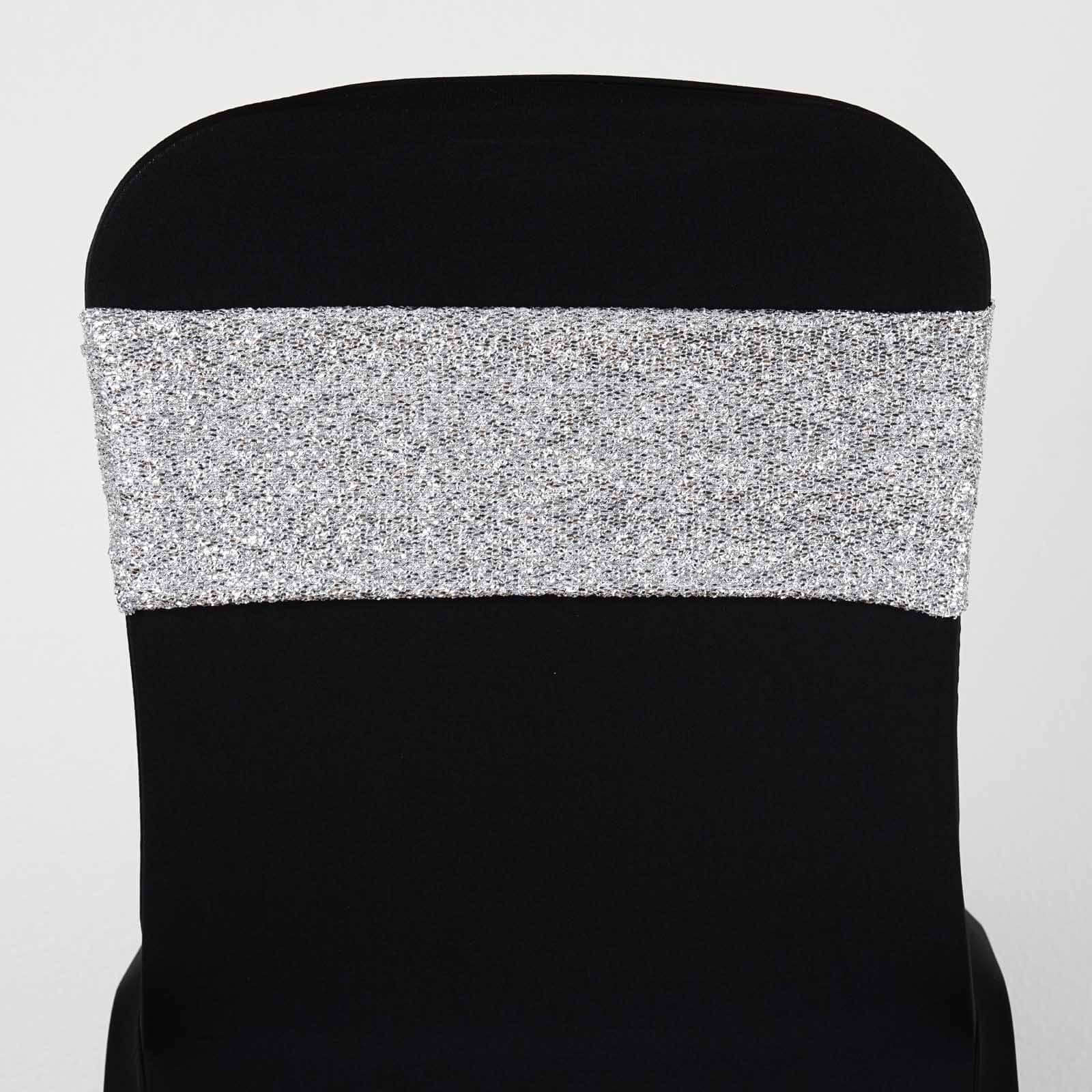 5 Pack Metallic Shimmer Tinsel Spandex Chair Sashes Silver - Glittery Finish Stretch Chair Bands - Image 8
