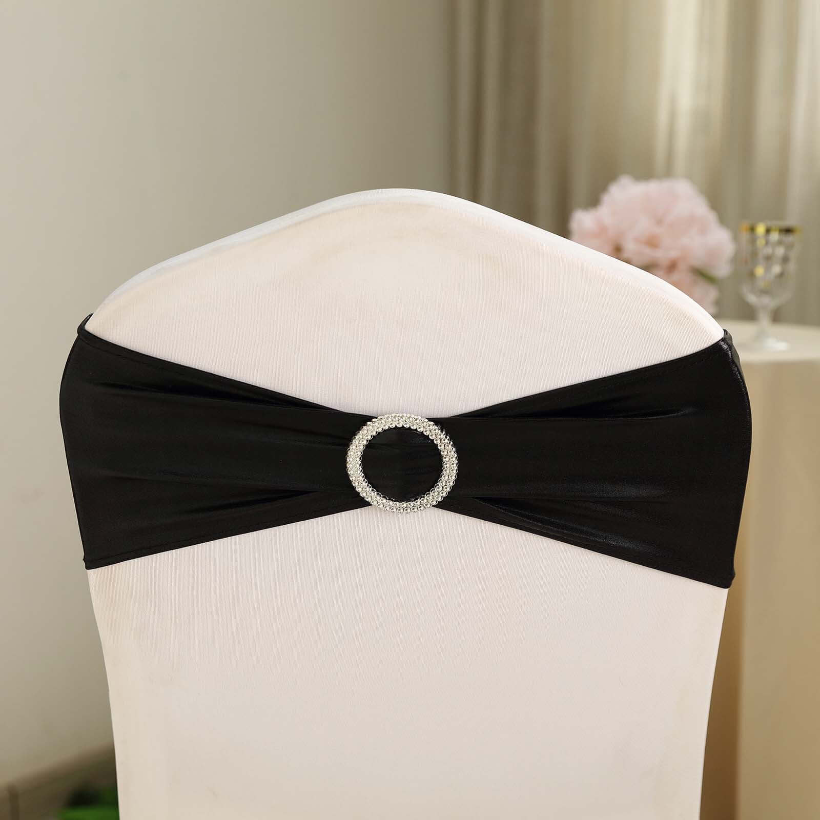 5 Pack Metallic Spandex Chair Sashes Black - Durable Stretch Chair Bands With Round Diamond Buckles for Upscale Gatherings