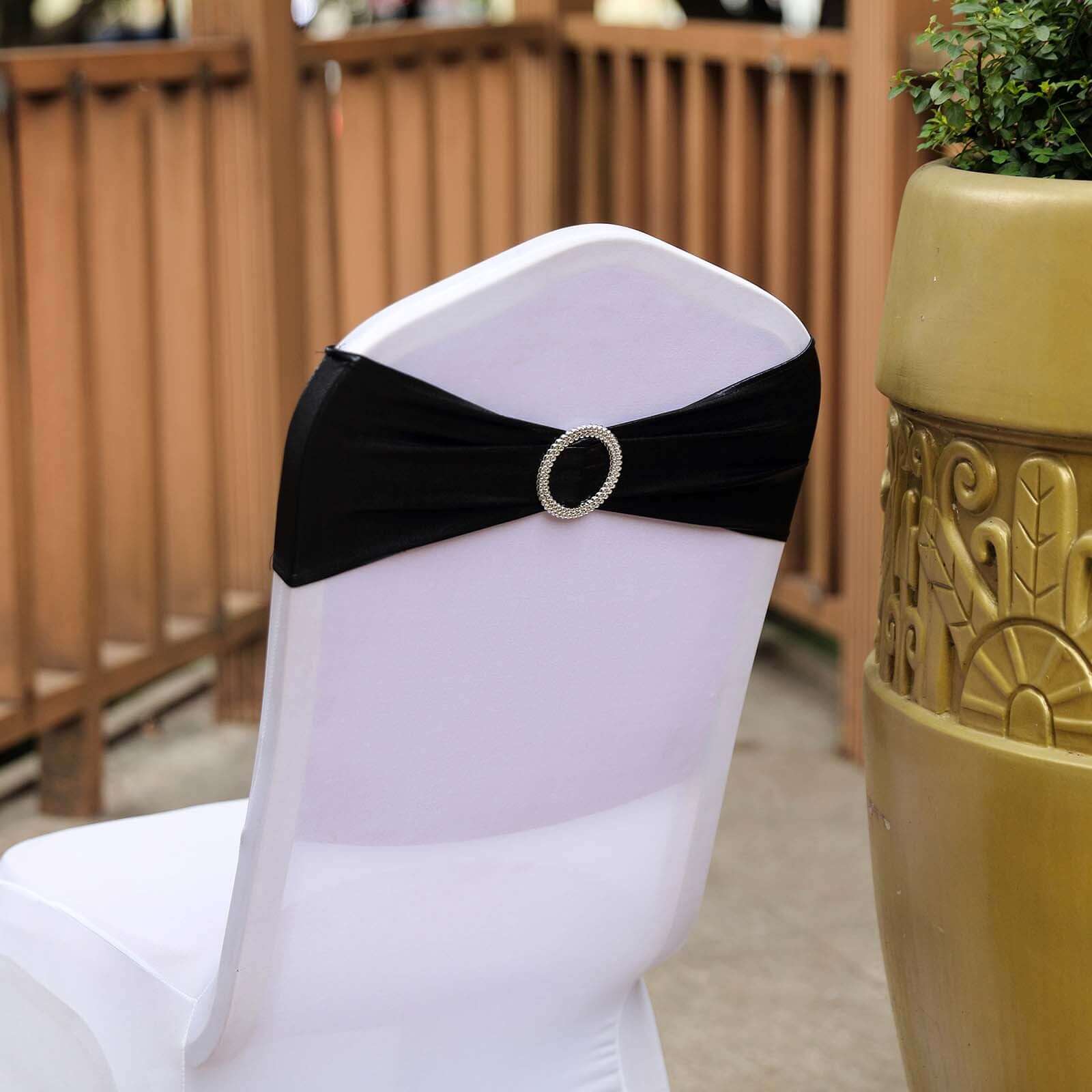 5 Pack Metallic Spandex Chair Sashes Black - Durable Stretch Chair Bands With Round Diamond Buckles for Upscale Gatherings - Image 10