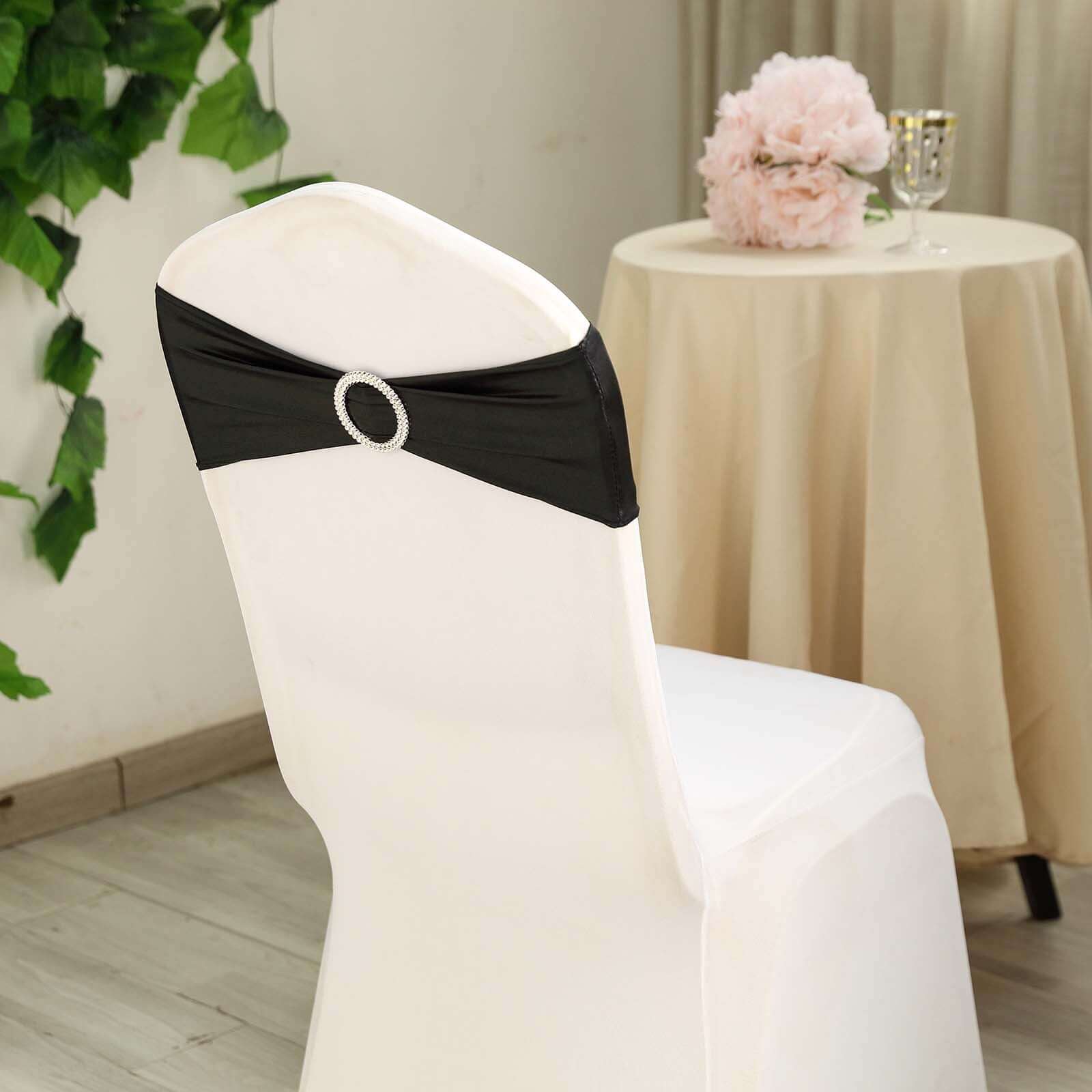 5 Pack Metallic Spandex Chair Sashes Black - Durable Stretch Chair Bands With Round Diamond Buckles for Upscale Gatherings - Image 11