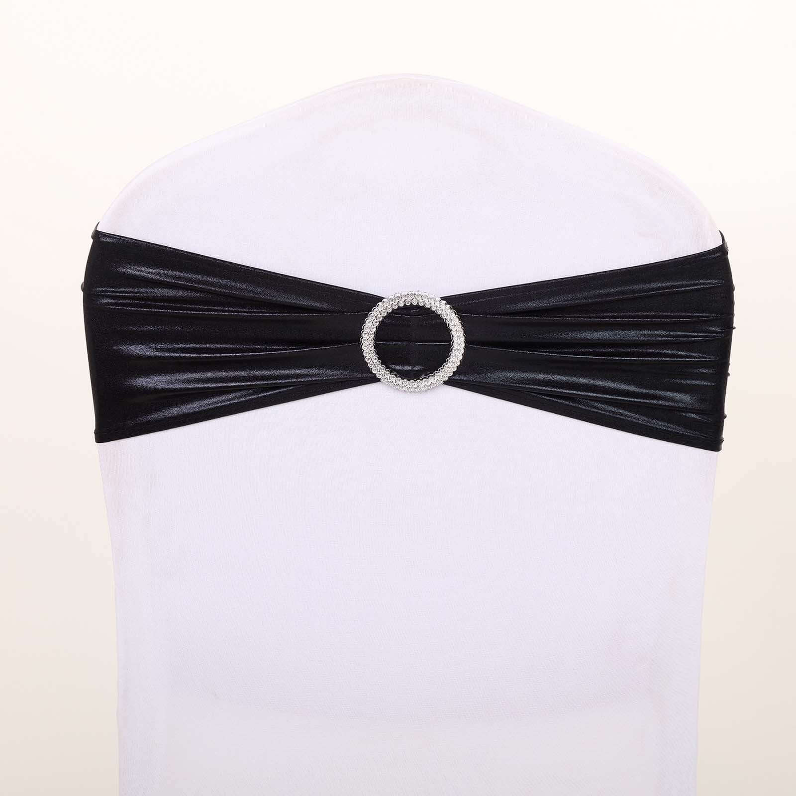 5 Pack Metallic Spandex Chair Sashes Black - Durable Stretch Chair Bands With Round Diamond Buckles for Upscale Gatherings - Image 12