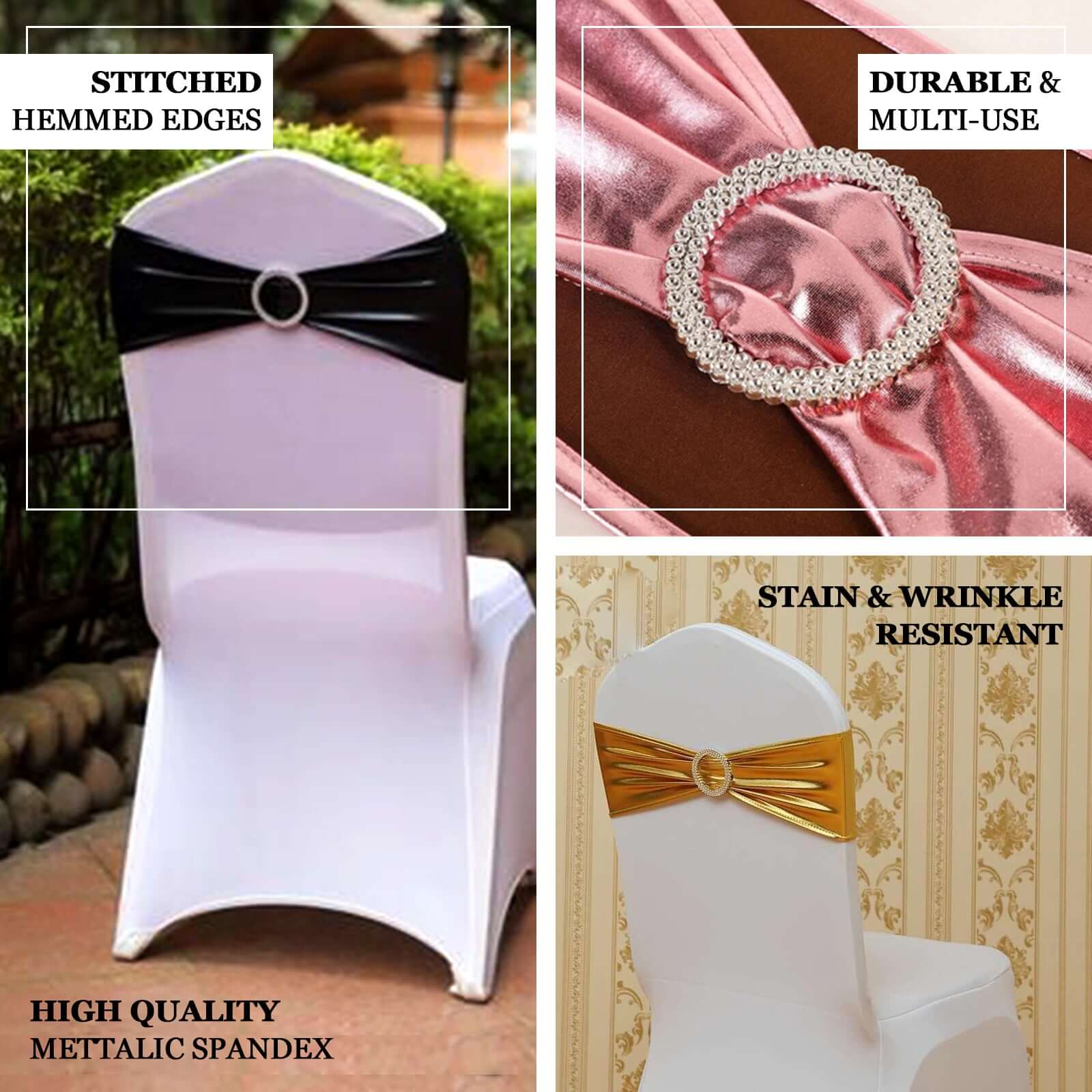 5 Pack Metallic Spandex Chair Sashes Black - Durable Stretch Chair Bands With Round Diamond Buckles for Upscale Gatherings - Image 4