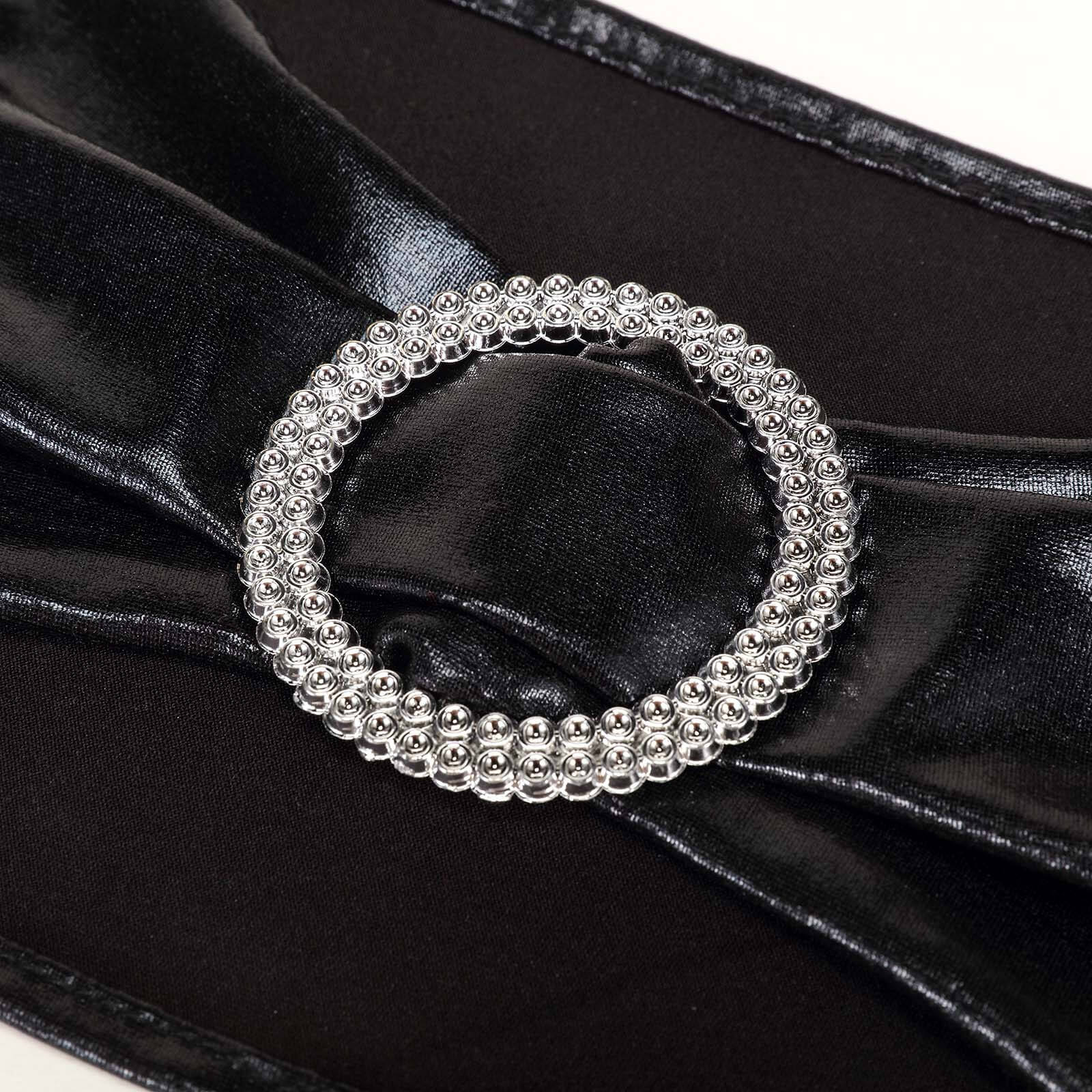5 Pack Metallic Spandex Chair Sashes Black - Durable Stretch Chair Bands With Round Diamond Buckles for Upscale Gatherings - Image 6