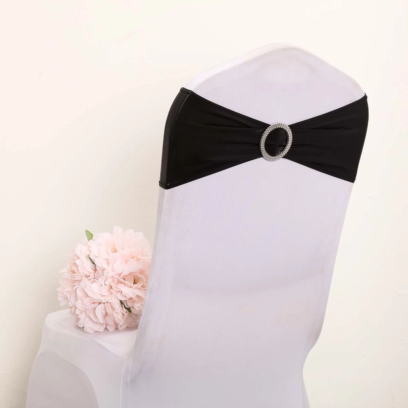 5 Pack Metallic Spandex Chair Sashes Black - Durable Stretch Chair Bands With Round Diamond Buckles for Upscale Gatherings - Image 8