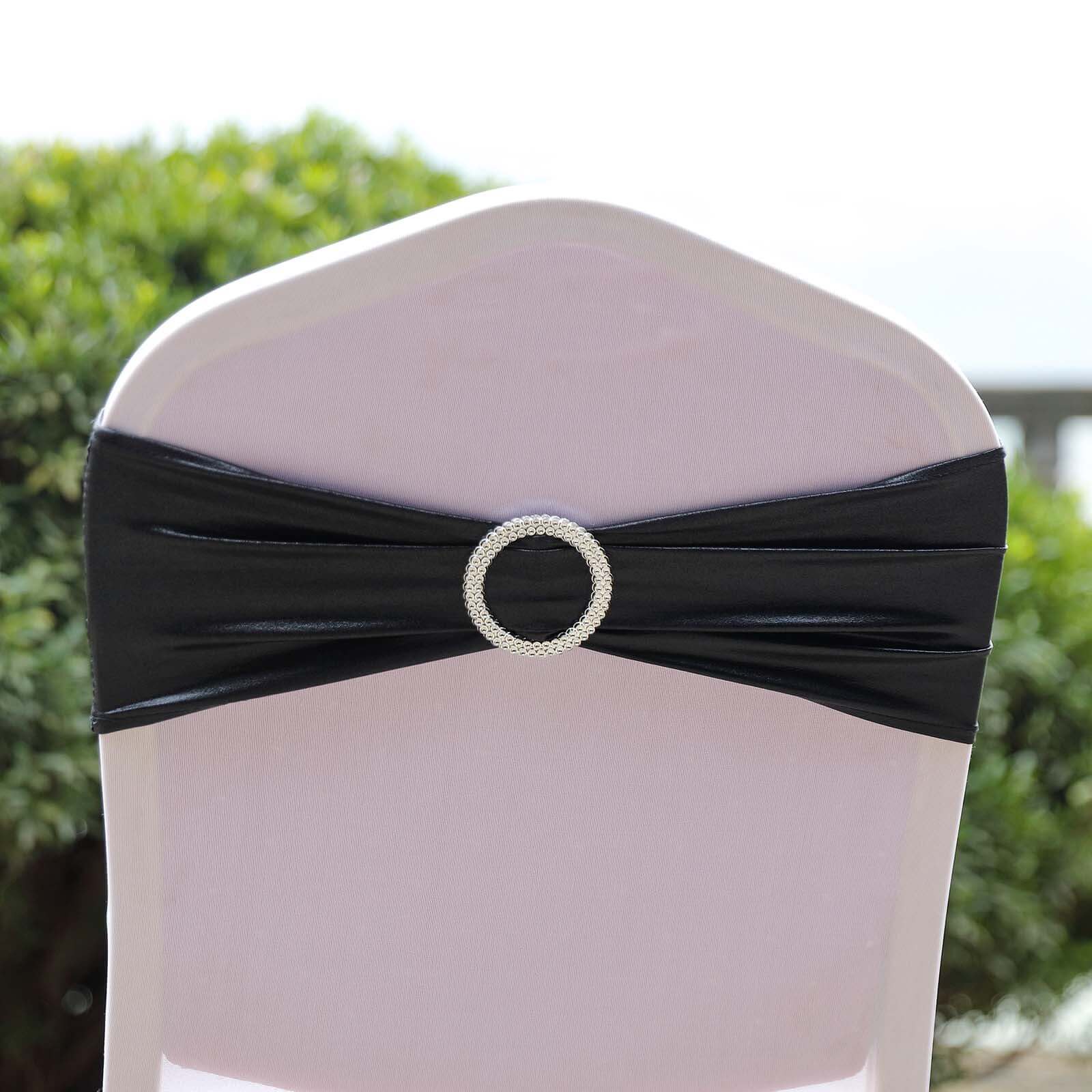 5 Pack Metallic Spandex Chair Sashes Black - Durable Stretch Chair Bands With Round Diamond Buckles for Upscale Gatherings - Image 9