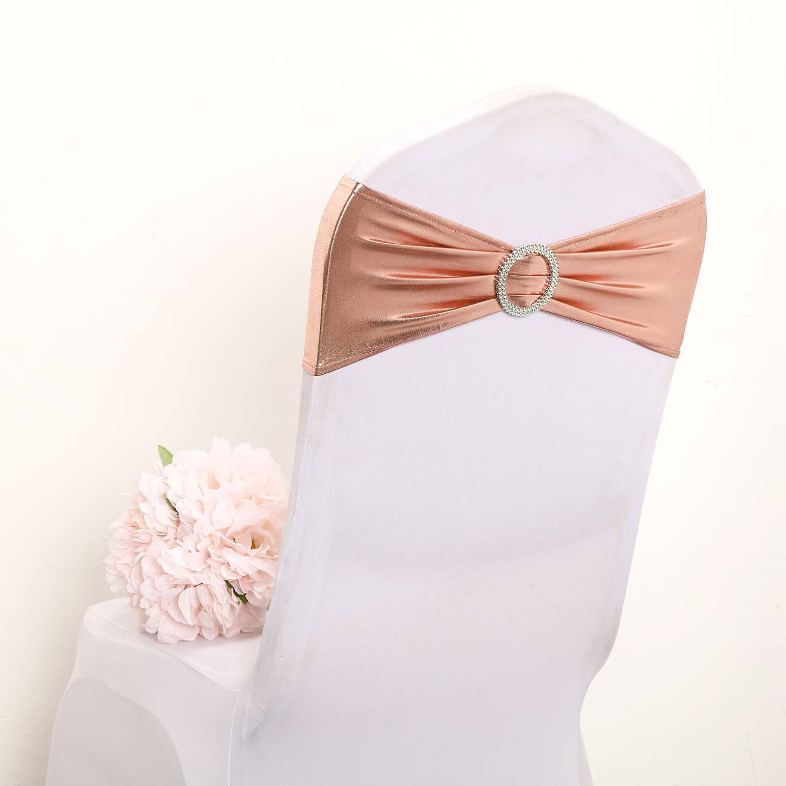 5 Pack Metallic Spandex Chair Sashes Blush - Durable Stretch Chair Bands With Round Diamond Buckles - Image 2