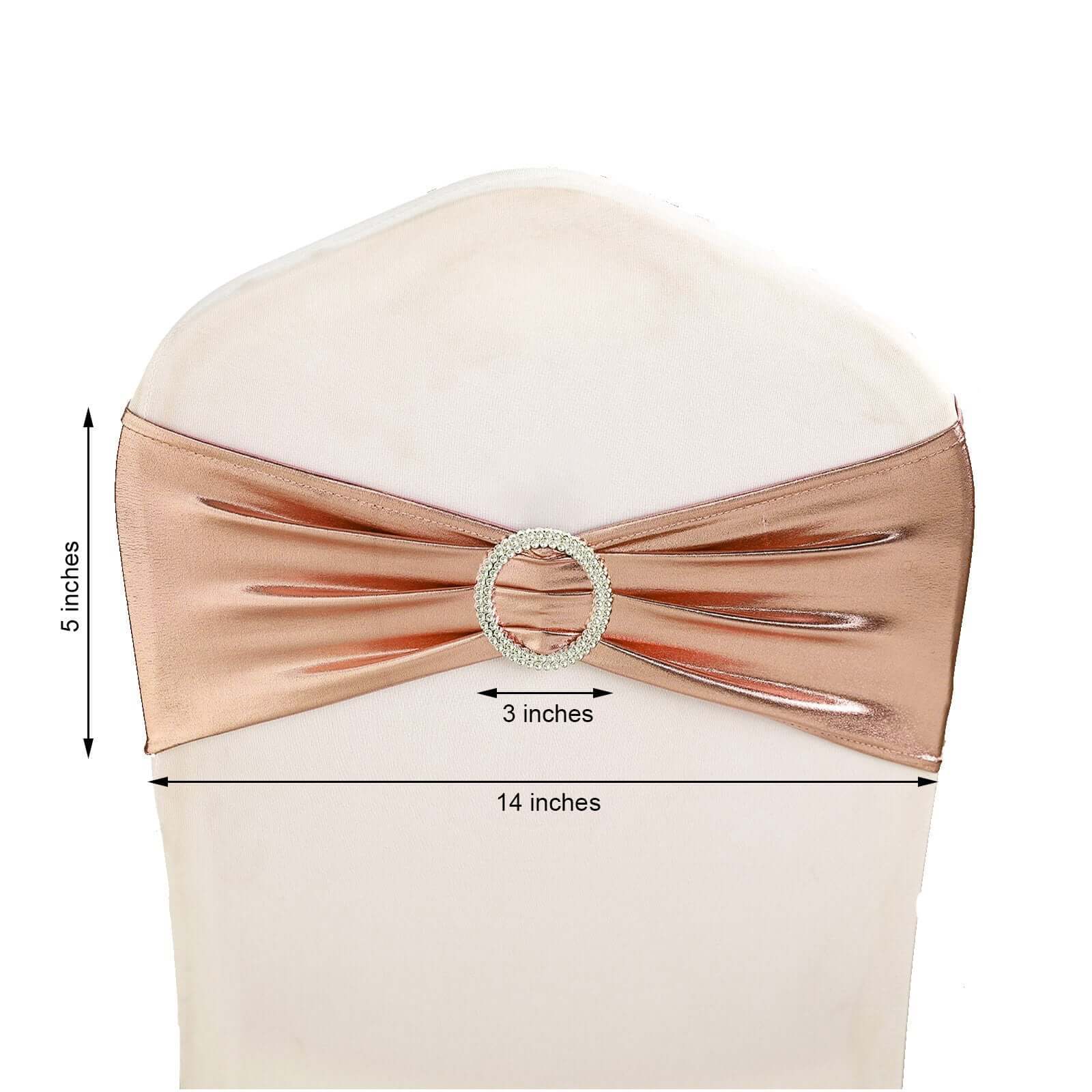 5 Pack Metallic Spandex Chair Sashes Blush - Durable Stretch Chair Bands With Round Diamond Buckles - Image 3