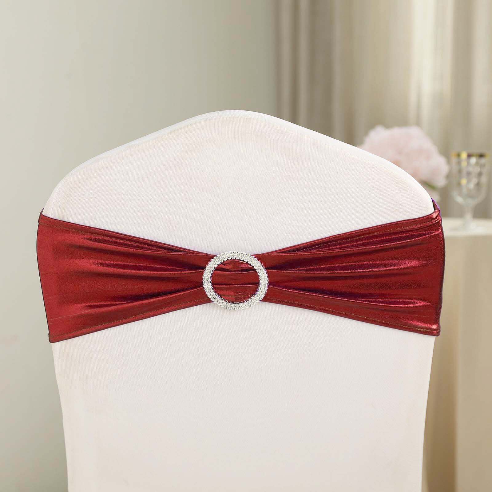 5 Pack Metallic Spandex Chair Sashes Burgundy - Durable Stretch Chair Bands With Round Diamond Buckles - Image 12