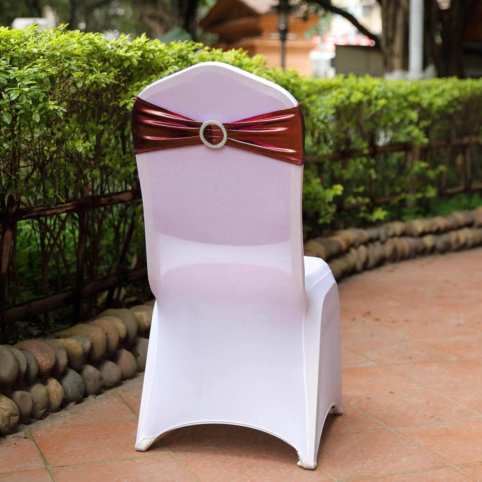 5 Pack Metallic Spandex Chair Sashes Burgundy - Durable Stretch Chair Bands With Round Diamond Buckles - Image 2
