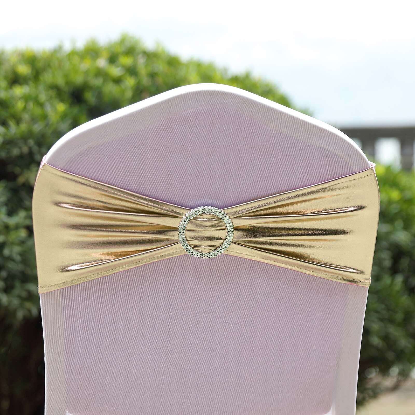 5 Pack Metallic Spandex Chair Sashes Champagne - Durable Stretch Chair Bands With Round Diamond Buckles - Image 10