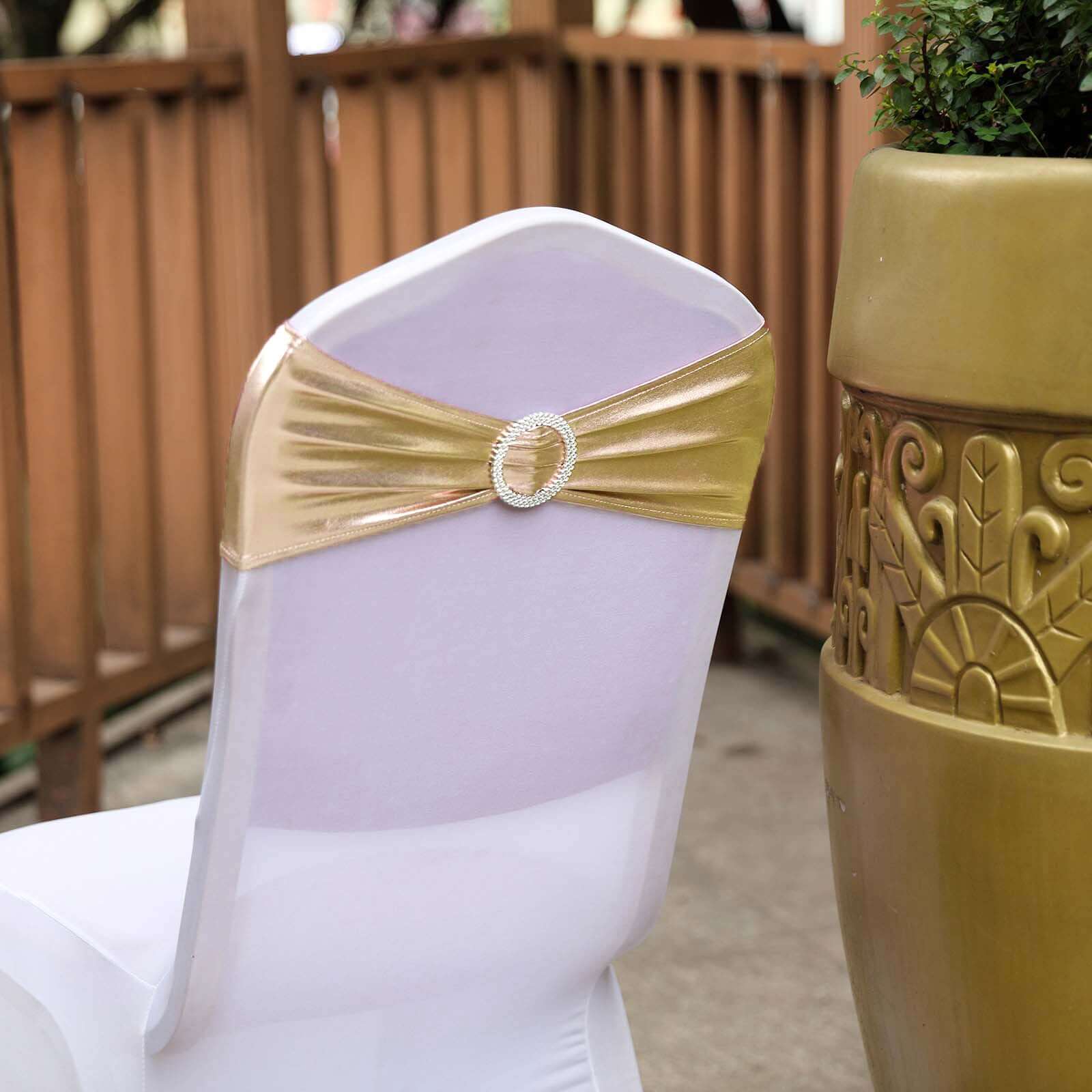 5 Pack Metallic Spandex Chair Sashes Champagne - Durable Stretch Chair Bands With Round Diamond Buckles - Image 11