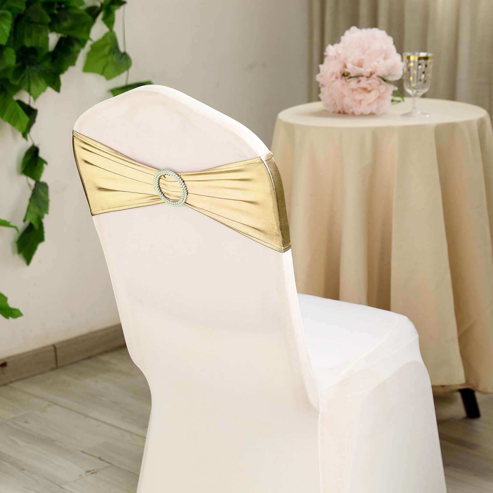5 Pack Metallic Spandex Chair Sashes Champagne - Durable Stretch Chair Bands With Round Diamond Buckles - Image 12