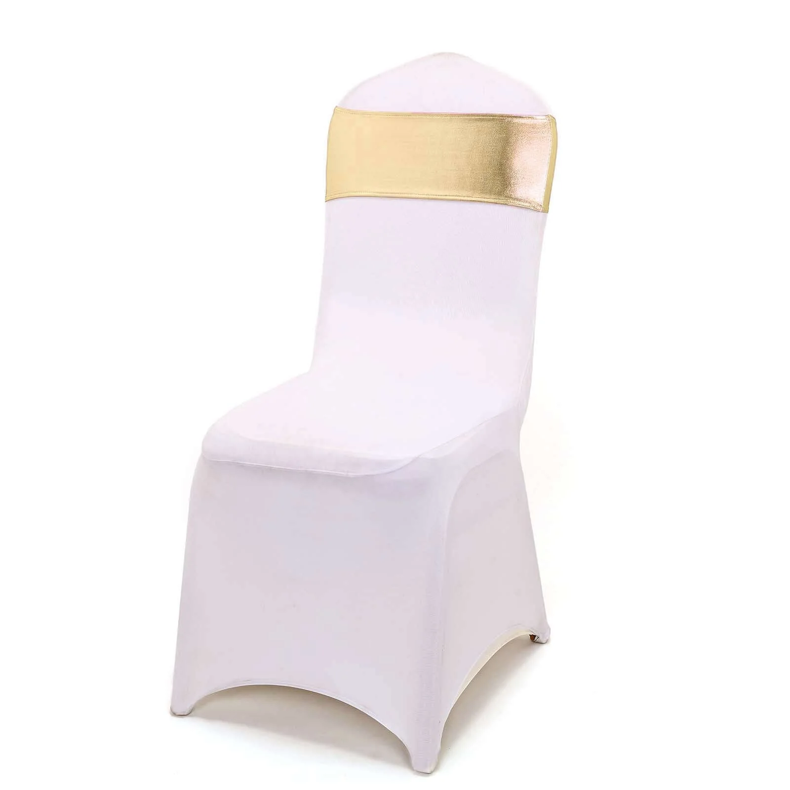 5 Pack Metallic Spandex Chair Sashes Champagne - Durable Stretch Chair Bands With Round Diamond Buckles - Image 13