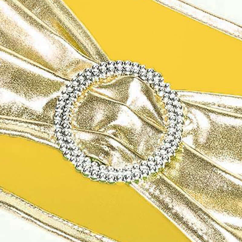 5 Pack Metallic Spandex Chair Sashes Champagne - Durable Stretch Chair Bands With Round Diamond Buckles - Image 6