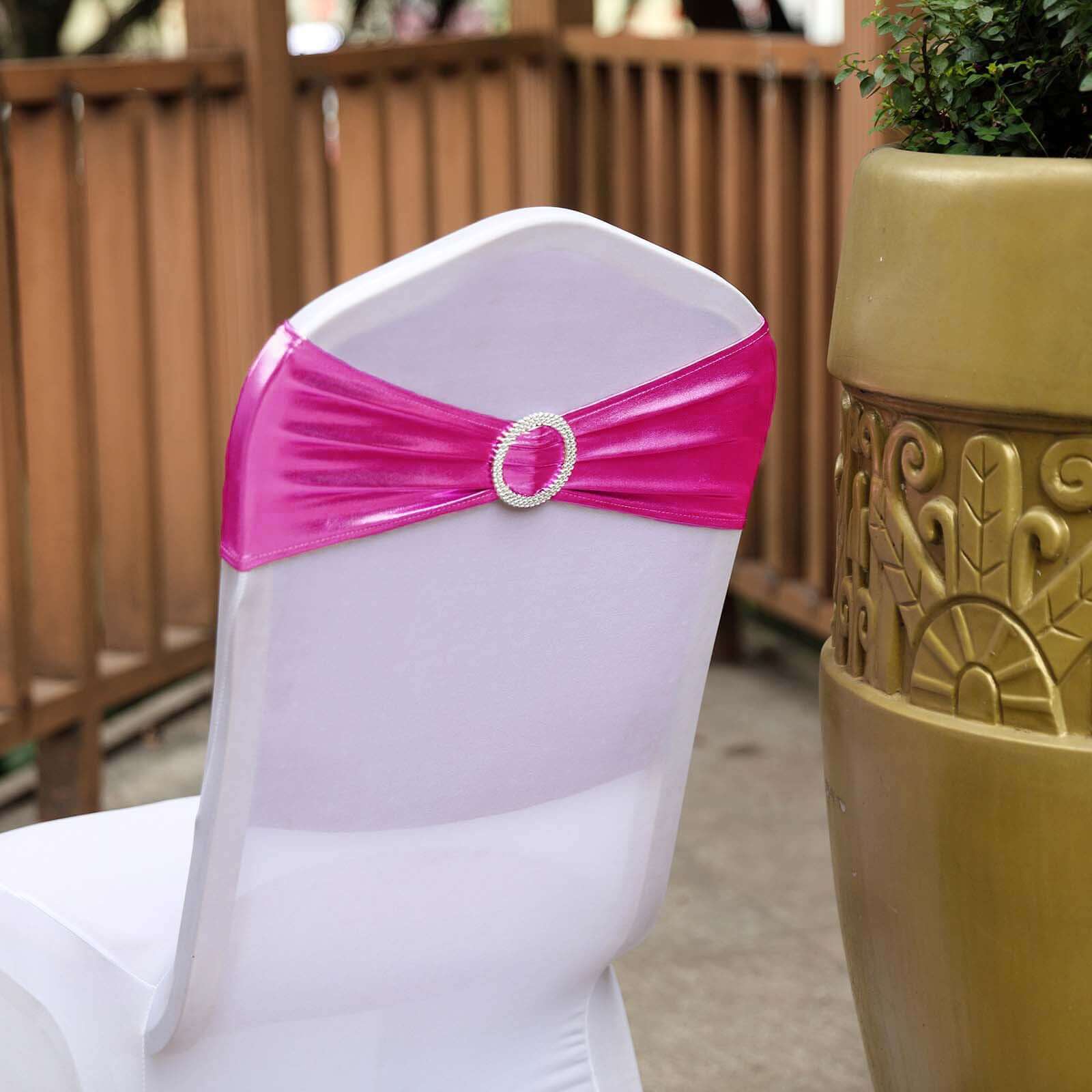 5 Pack Metallic Spandex Chair Sashes Fuchsia - Durable Stretch Chair Bands With Round Diamond Buckles - Image 10