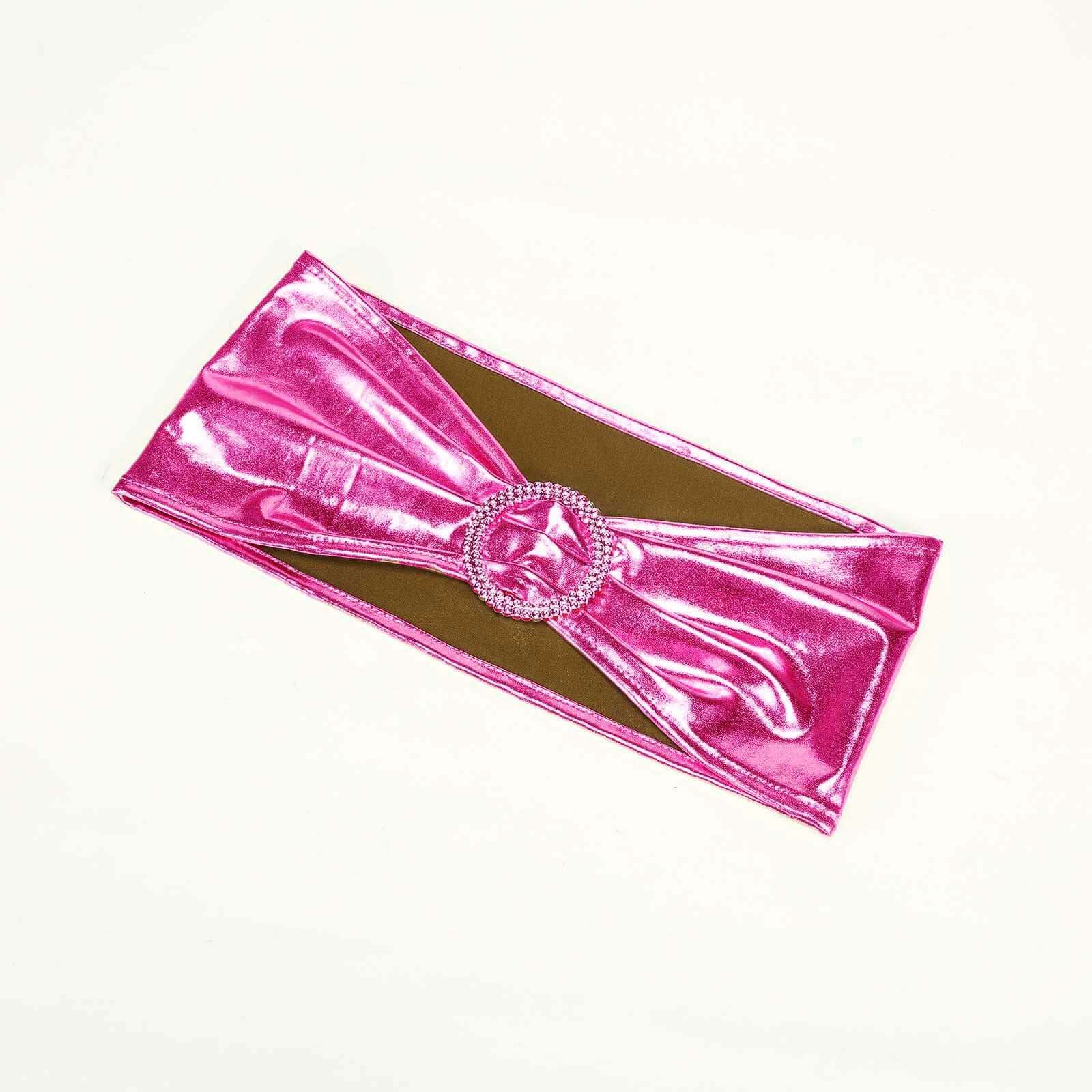 5 Pack Metallic Spandex Chair Sashes Fuchsia - Durable Stretch Chair Bands With Round Diamond Buckles - Image 15