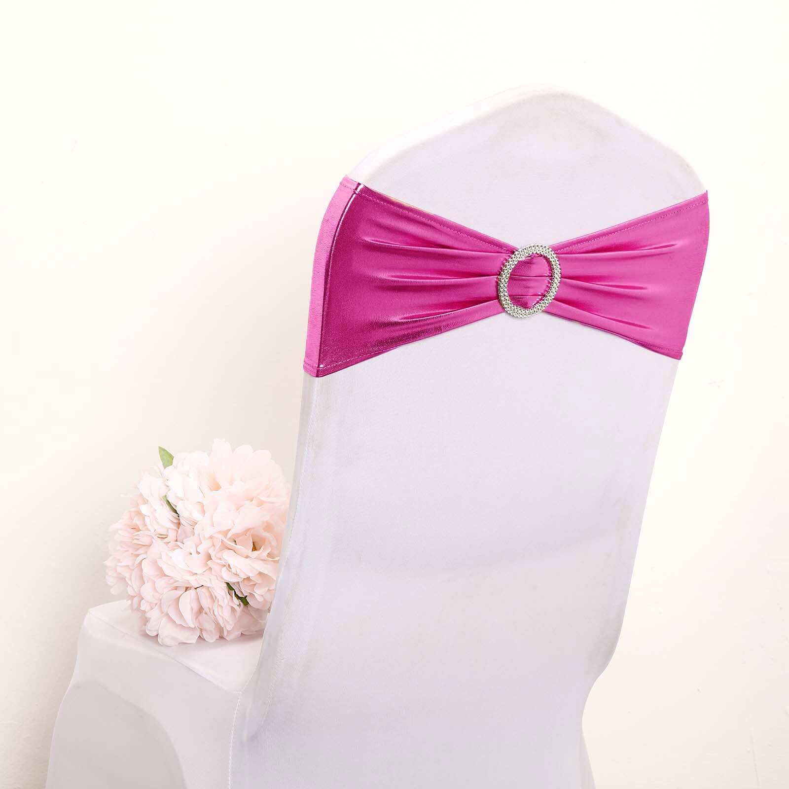 5 Pack Metallic Spandex Chair Sashes Fuchsia - Durable Stretch Chair Bands With Round Diamond Buckles - Image 2