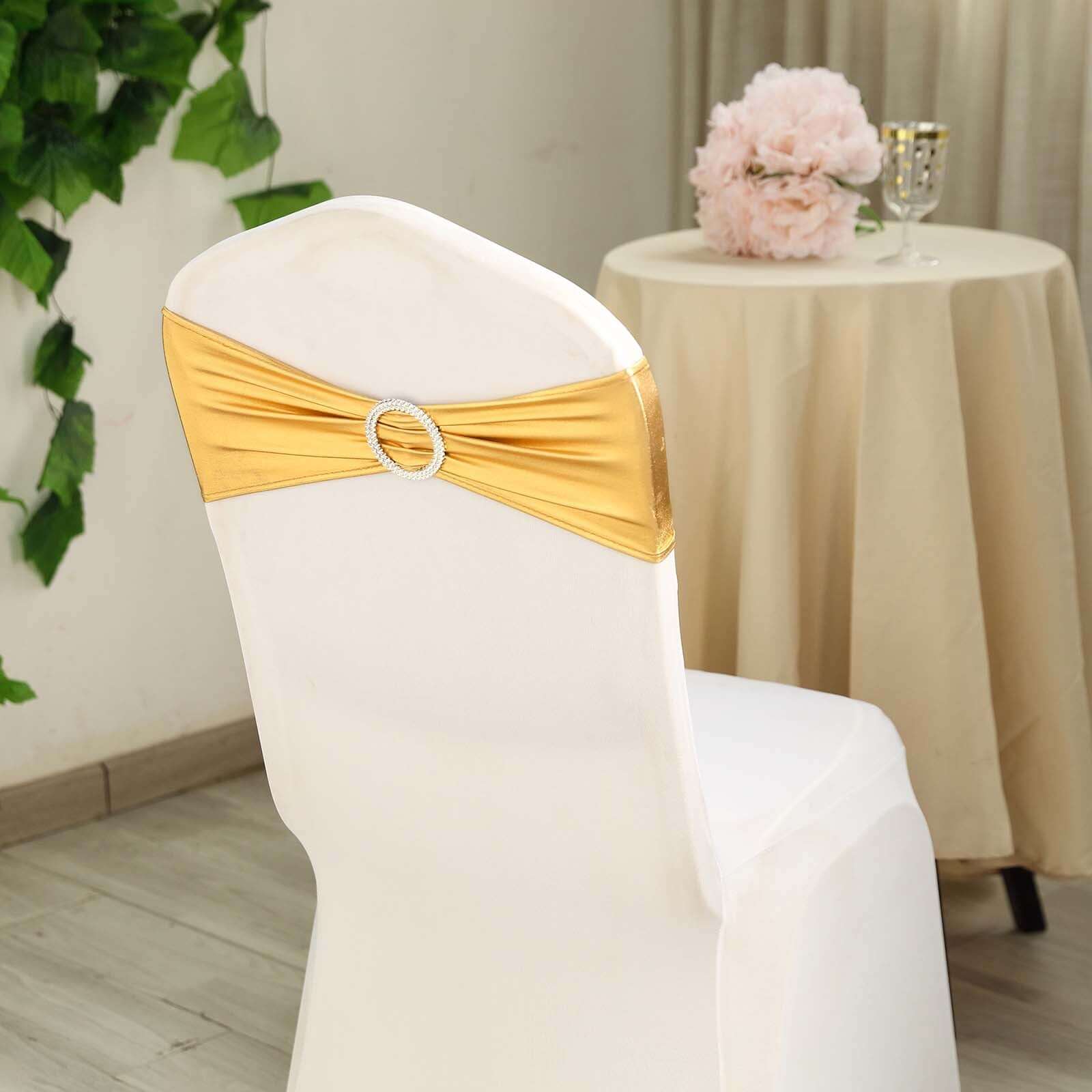 5 Pack Metallic Spandex Chair Sashes Gold - Durable Stretch Chair Bands With Round Diamond Buckles for Upscale Gatherings - Image 10
