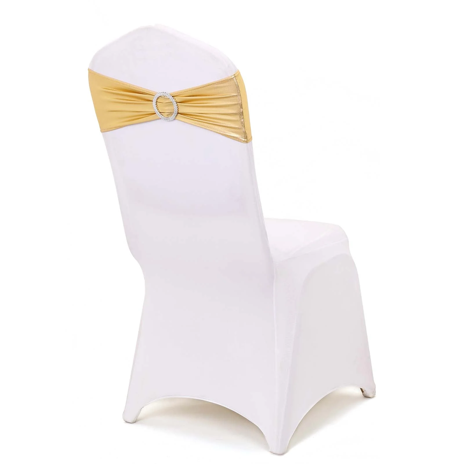 5 Pack Metallic Spandex Chair Sashes Gold - Durable Stretch Chair Bands With Round Diamond Buckles for Upscale Gatherings - Image 7