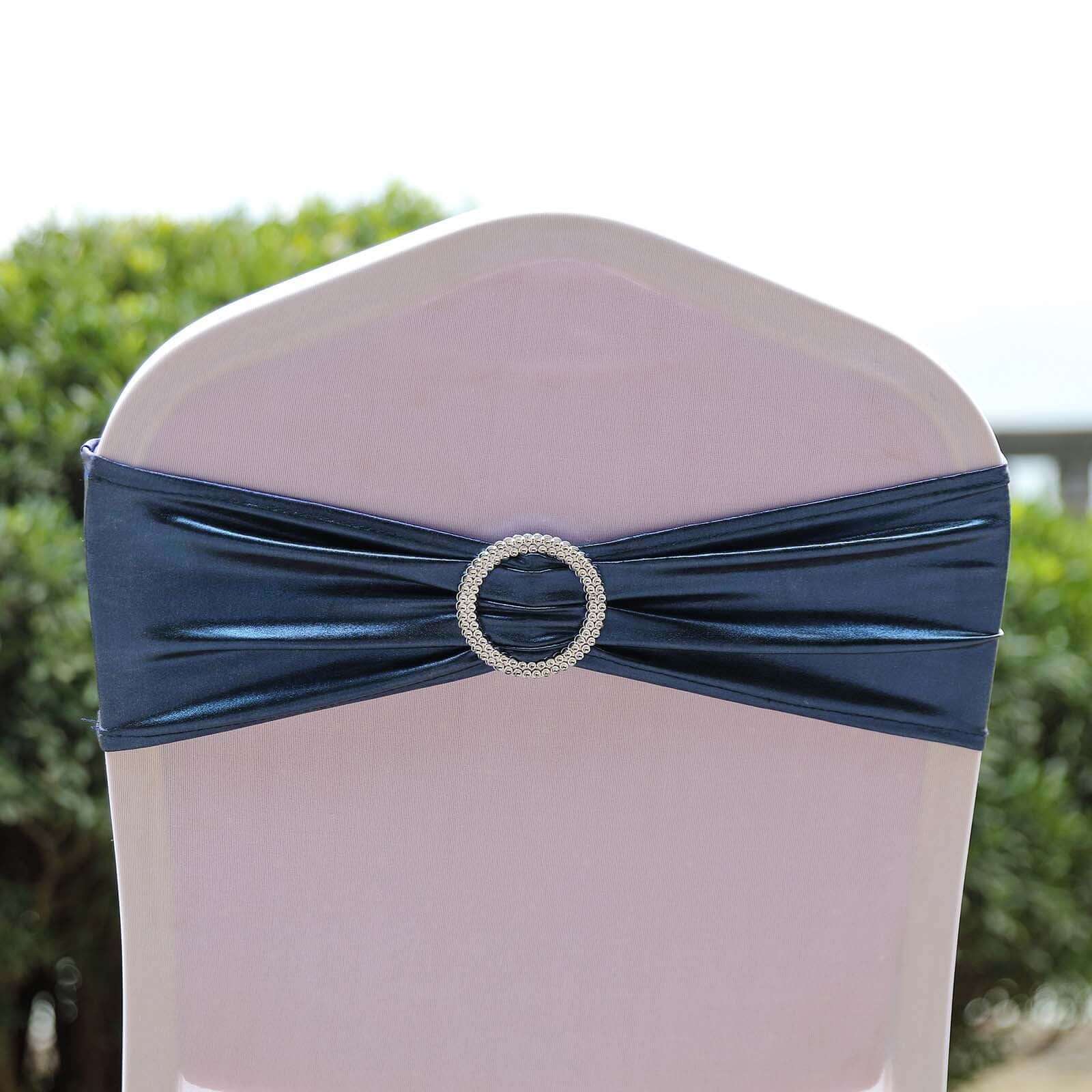 5 Pack Metallic Spandex Chair Sashes Navy Blue - Durable Stretch Chair Bands With Round Diamond Buckles - Image 10