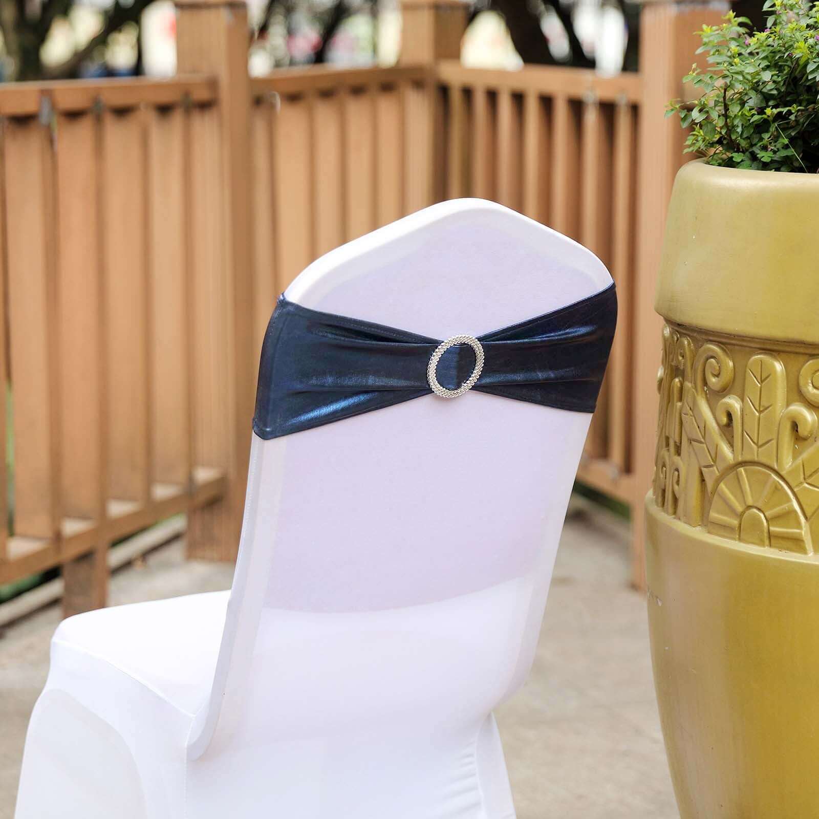 5 Pack Metallic Spandex Chair Sashes Navy Blue - Durable Stretch Chair Bands With Round Diamond Buckles - Image 11