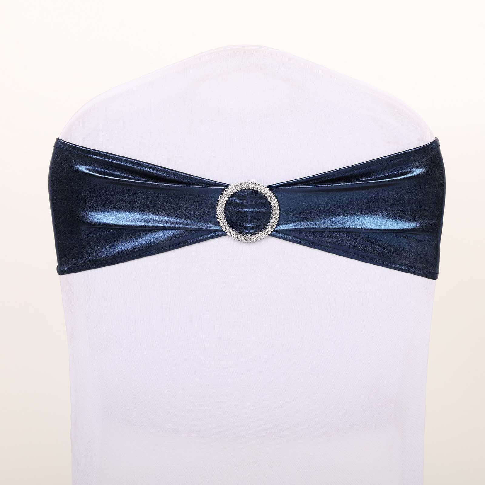 5 Pack Metallic Spandex Chair Sashes Navy Blue - Durable Stretch Chair Bands With Round Diamond Buckles - Image 12