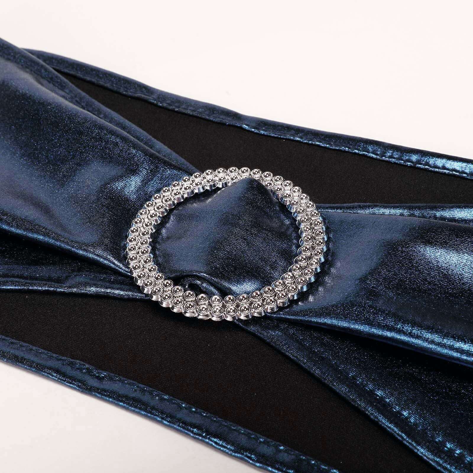 5 Pack Metallic Spandex Chair Sashes Navy Blue - Durable Stretch Chair Bands With Round Diamond Buckles - Image 6